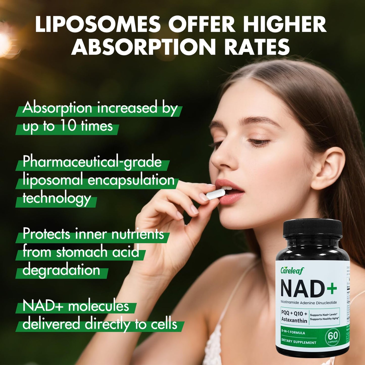 careleaf NAD+ Supplement 300mg, Liposomal NAD Boost with PQQ, Astaxanthin, Folic Acid, Vitamin E, Anti-Aging, Cell Longevity, Energy Metabolism, 60 Capsules