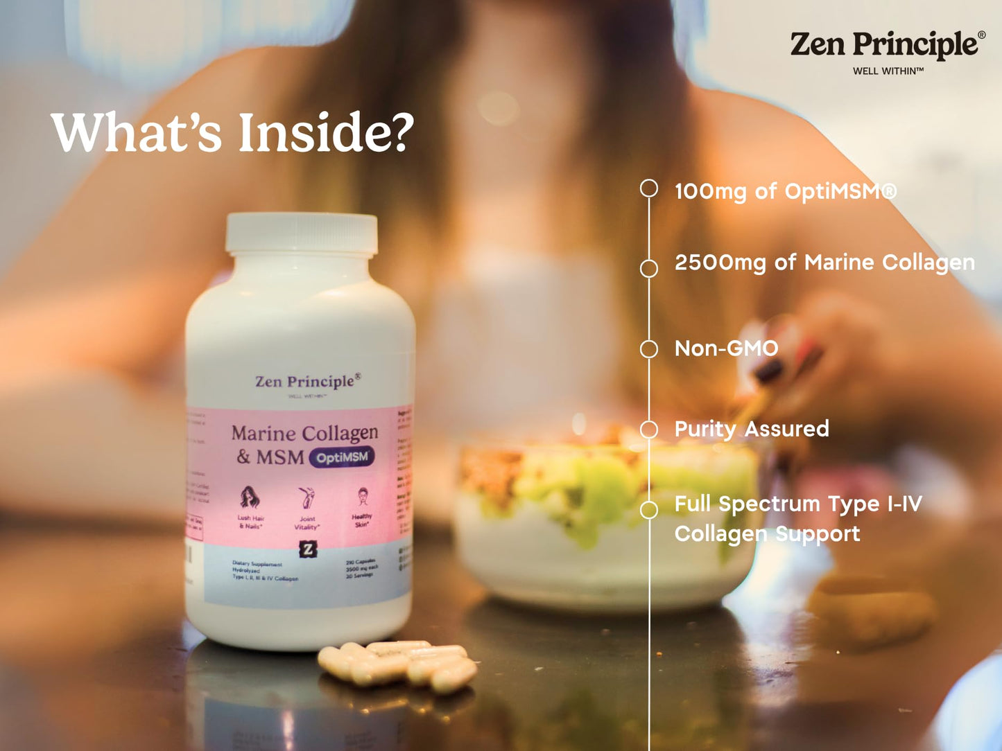 Zen Principle Marine Collagen Peptides Powder with OptiMSM Supplement 210 Capsules