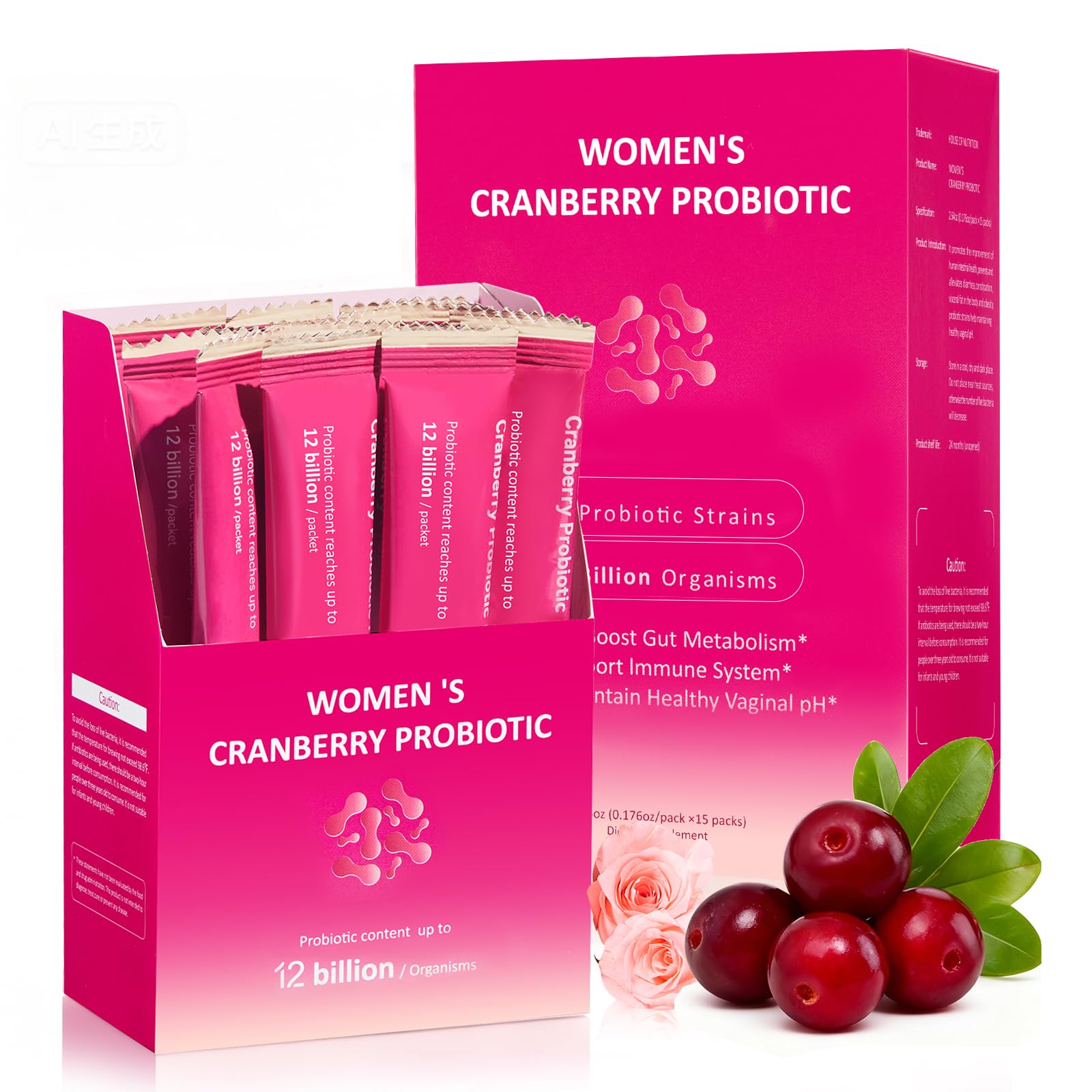 House of Nutrition Women Probiotic Powder - 13 Strains, 12 Billion CFUs - Probiotics for Women Vaginal Health, pH Balance, Gut Metabolism and Immune Support, Cranberry Flavor, Sugar Free, 15 Packs