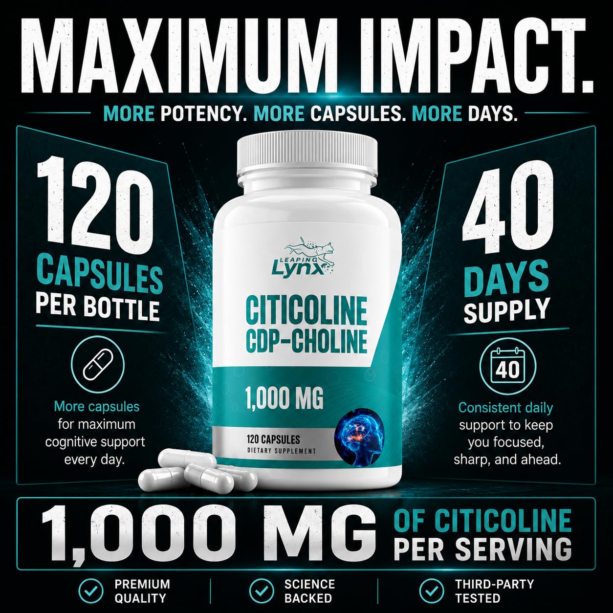 Leaping Lynx Citicoline 1000 mg (CDP Choline) Capsules, 120 Count
