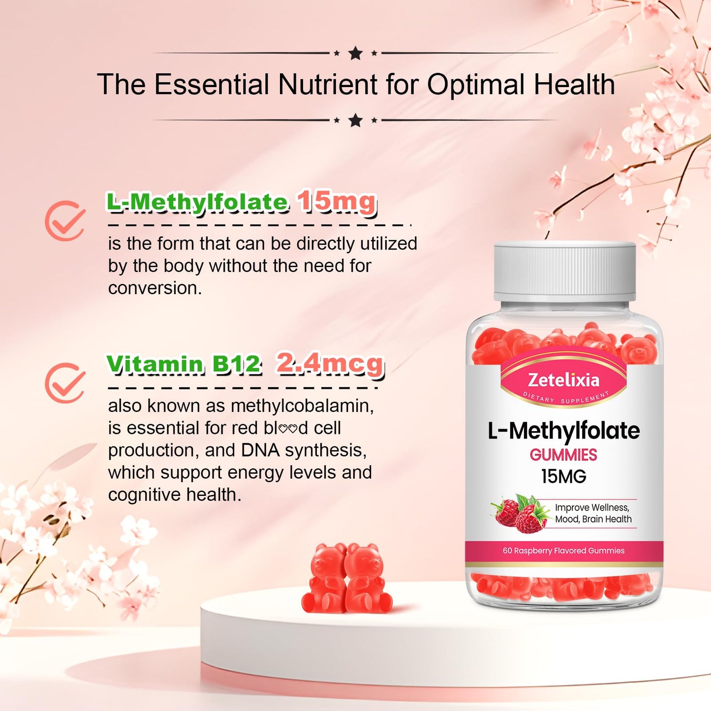 Zetelixia L-Methylfolate 15mg & Methyl B12 Gummies, 60 Count