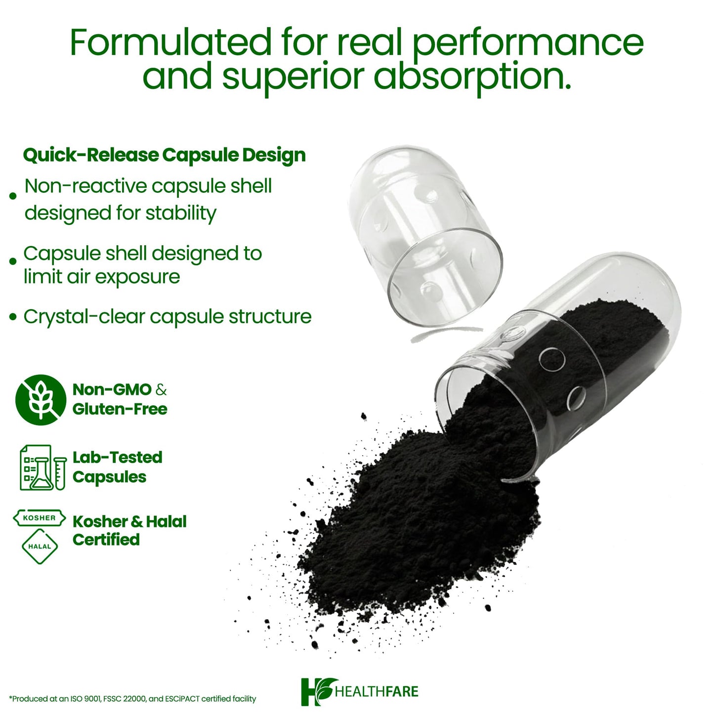 Healthfare Activated Charcoal Capsules 1200mg, 300 Capsules