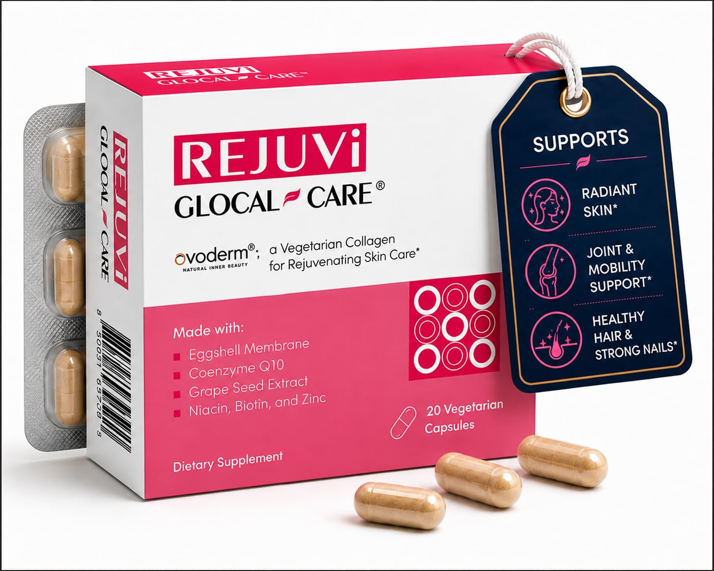 GlocalCare Rejuvi Collagen Booster 300mg Ovoderm Vegetarian Collagen for Skin Elasticity, Firmness & Joint Support Biotin, Grape Seed Extract, CoQ10, 20 Capsules