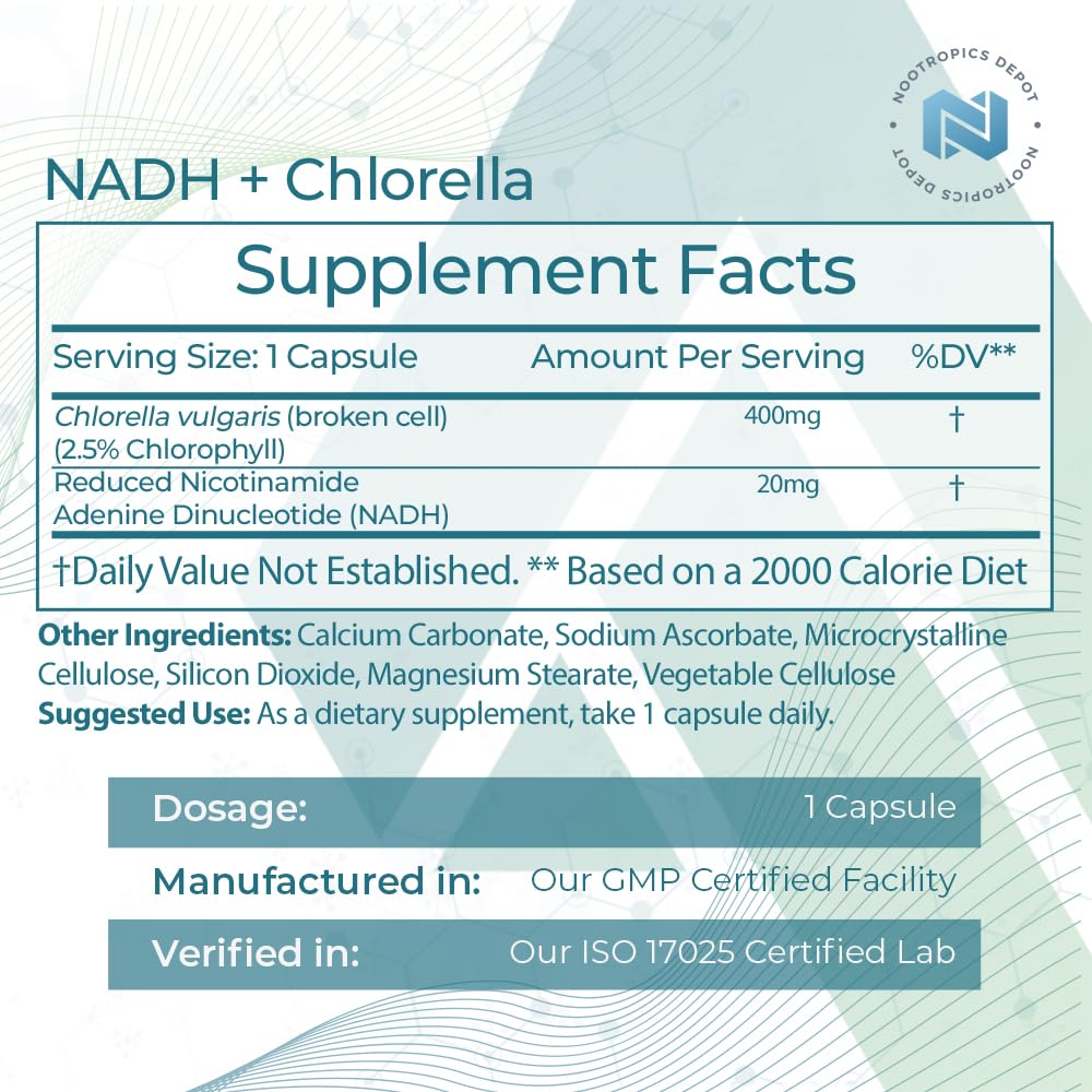 Nootropics Depot NADH + Chlorella vulgaris (Broken Cell) 400mg Capsules, 30 Count