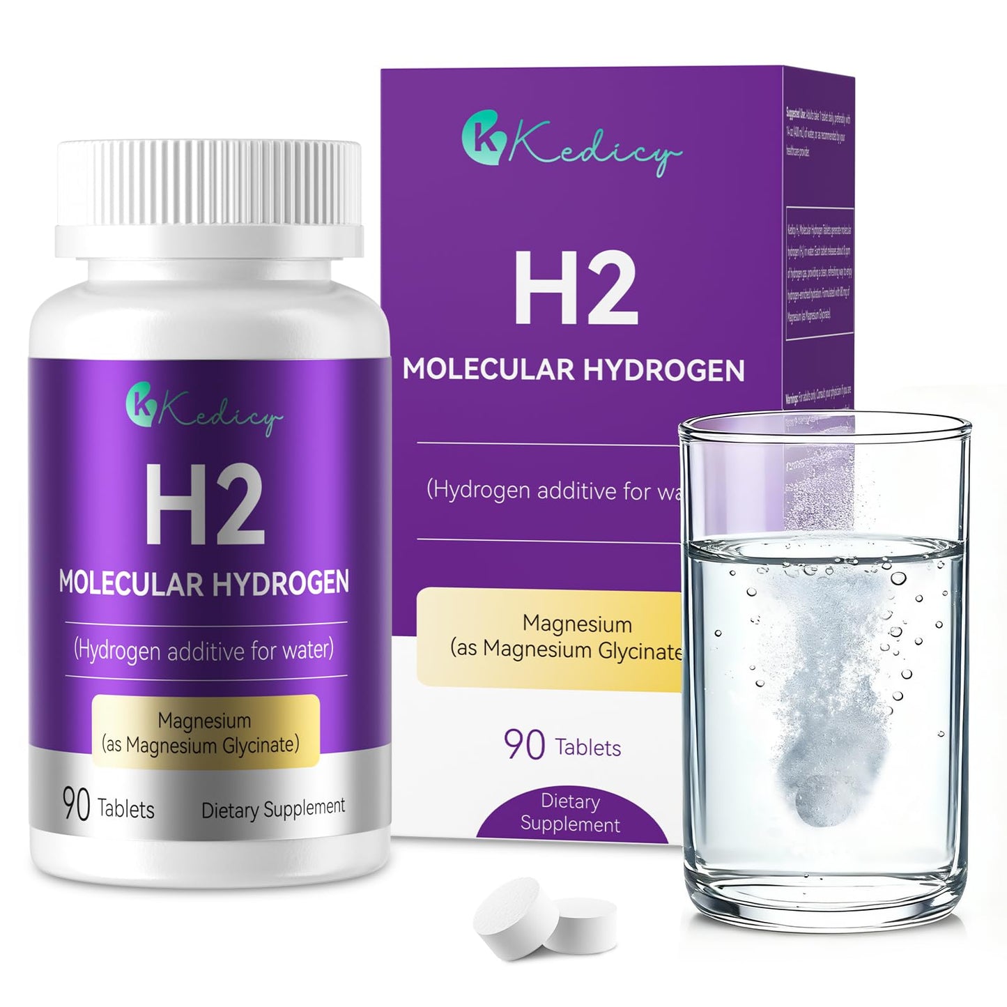 Kedicy Hydrogen Water Tablets, 8 PPM, Magnesium Glycinate Base, 90 Tablets