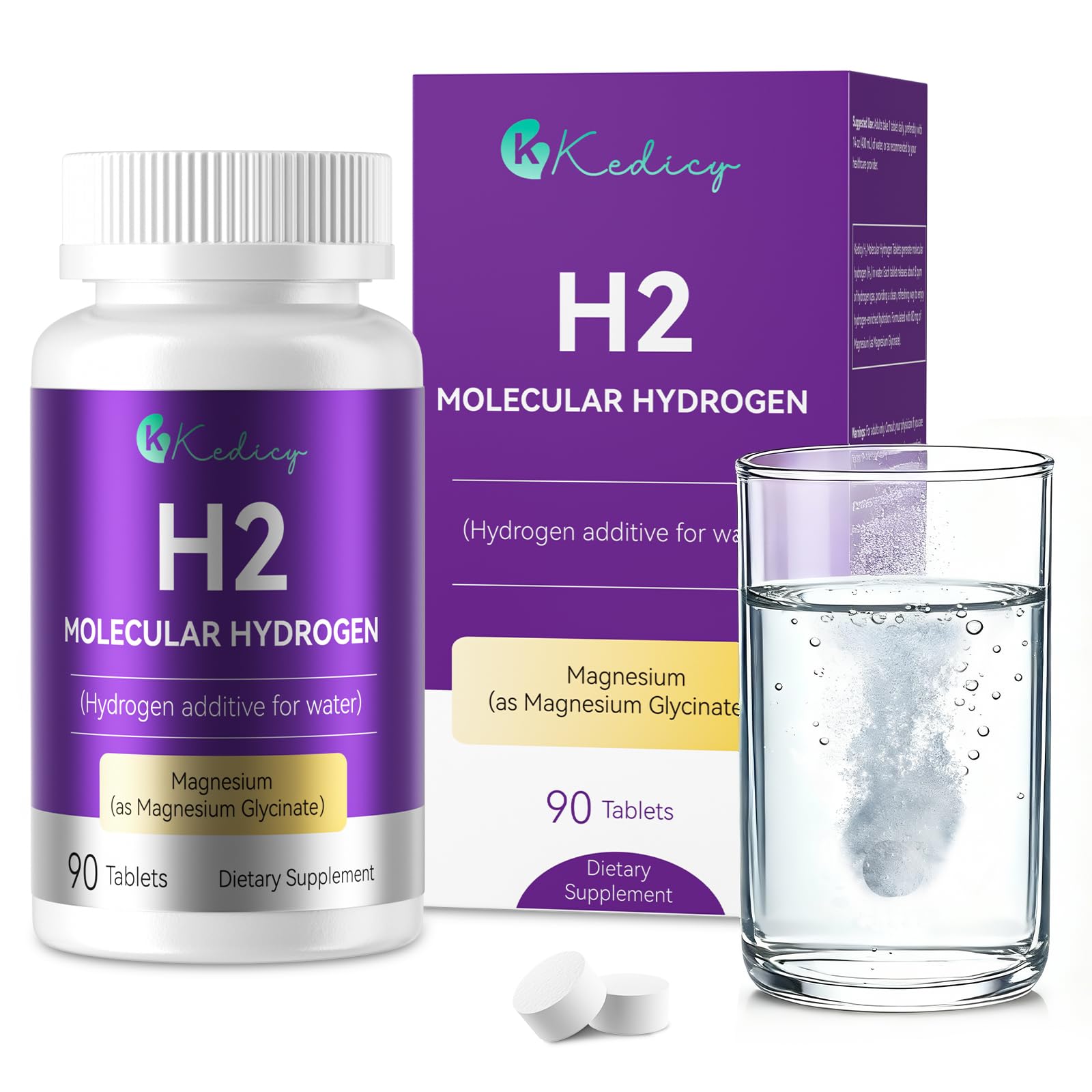 Kedicy Hydrogen Water Tablets, 8 PPM, Magnesium Glycinate Base, 90 Tablets