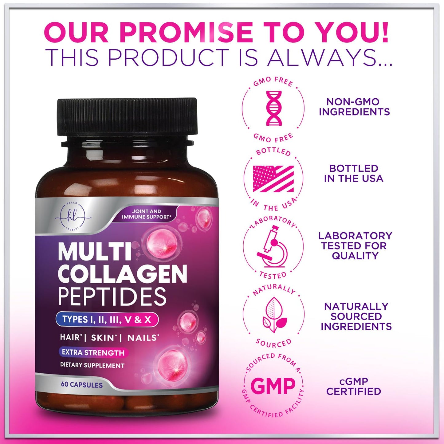 Hello Lovely! Multi Collagen Peptides Hydrolyzed Collagen Types I, II, III, V, X Capsule 60 Count