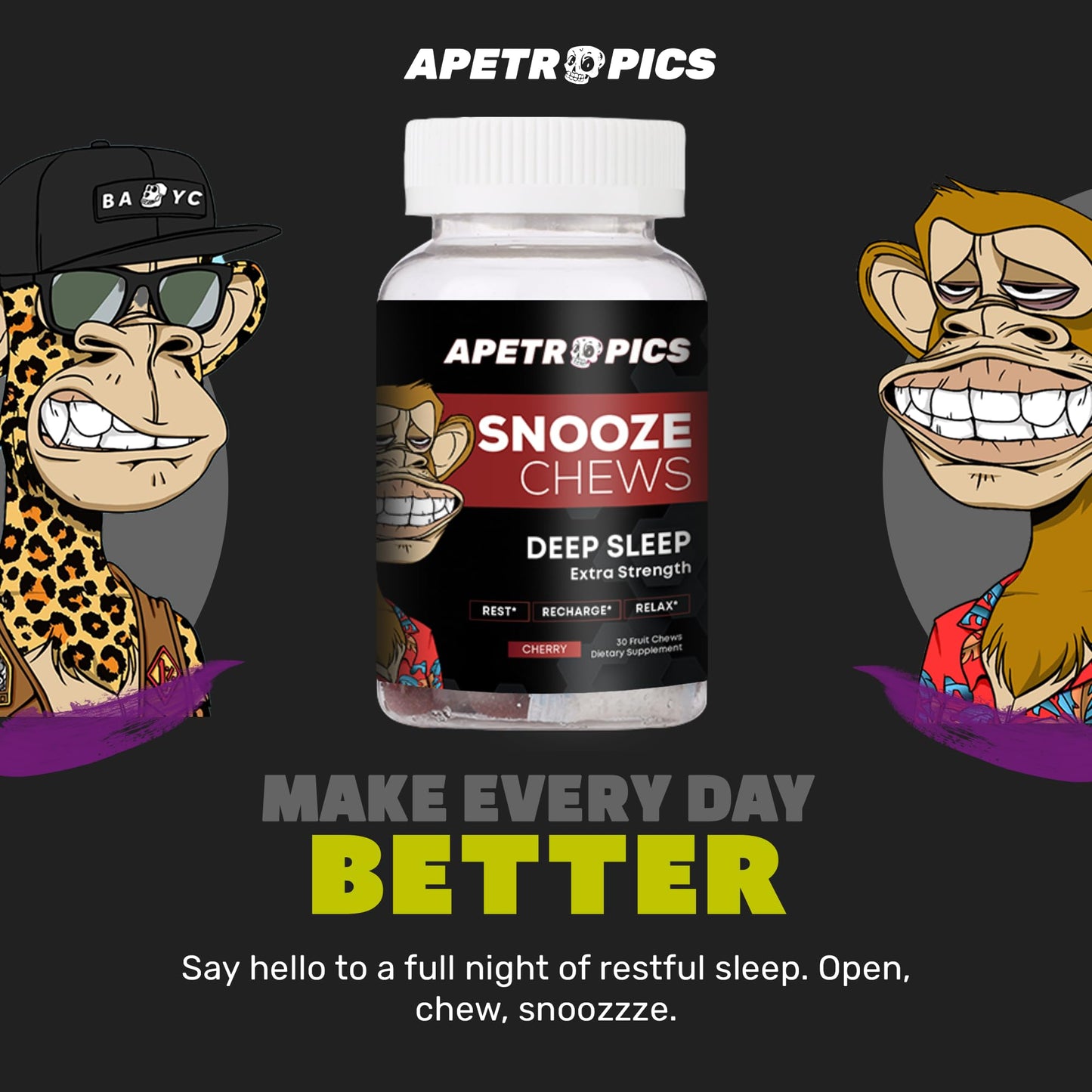 Apetropics Snooze Chews Gummy Deep Sleep Formula with L-Theanine, Chamomile, Melatonin, Tart Cherry & Magnesium - Cherry Flavor, 30 Count