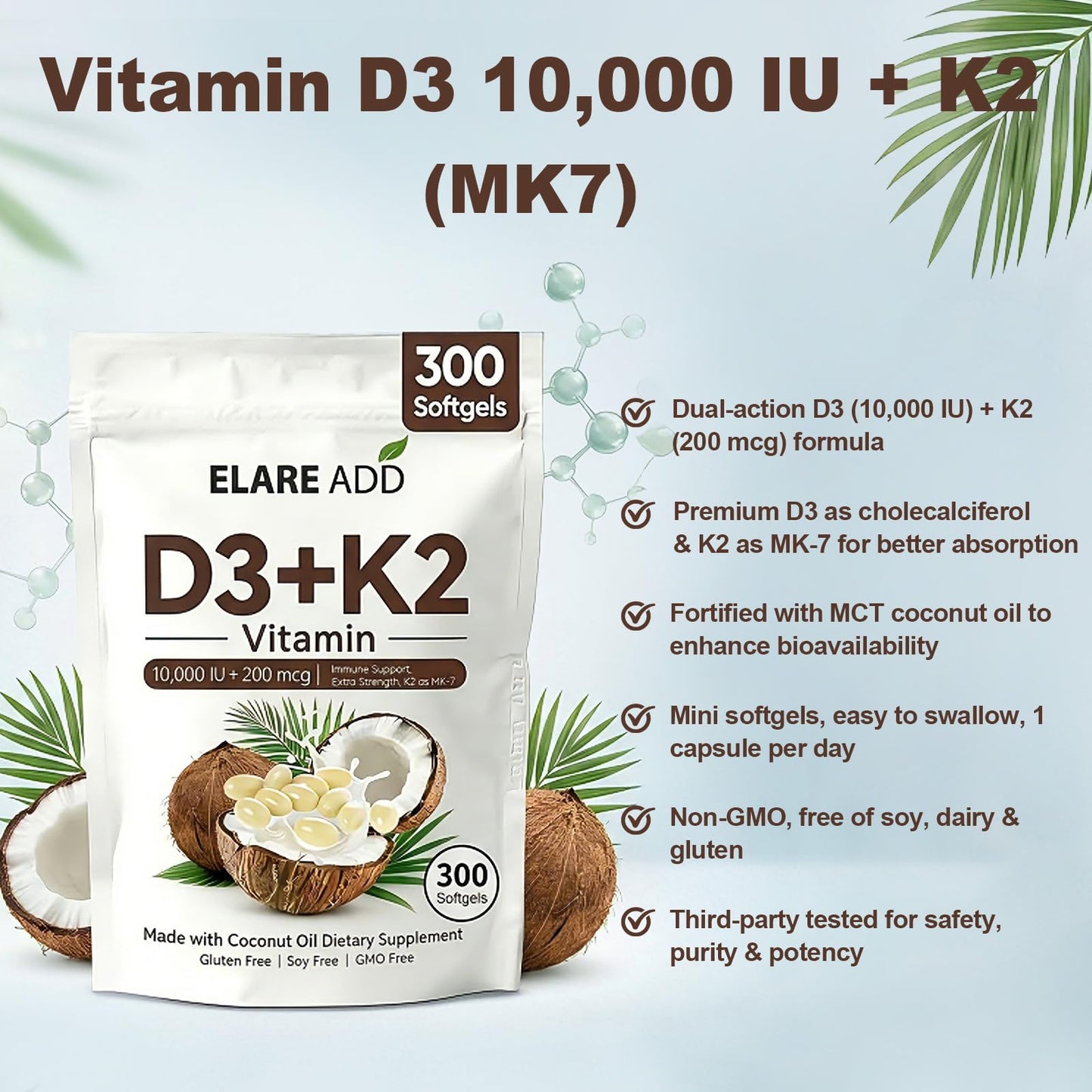 Aeteon Vitamin D3 K2 Softgels 10,000 IU, 200 mcg K2 MK-7, Virgin Coconut Oil, 2-in-1 Replenish Formula, 300 Count
