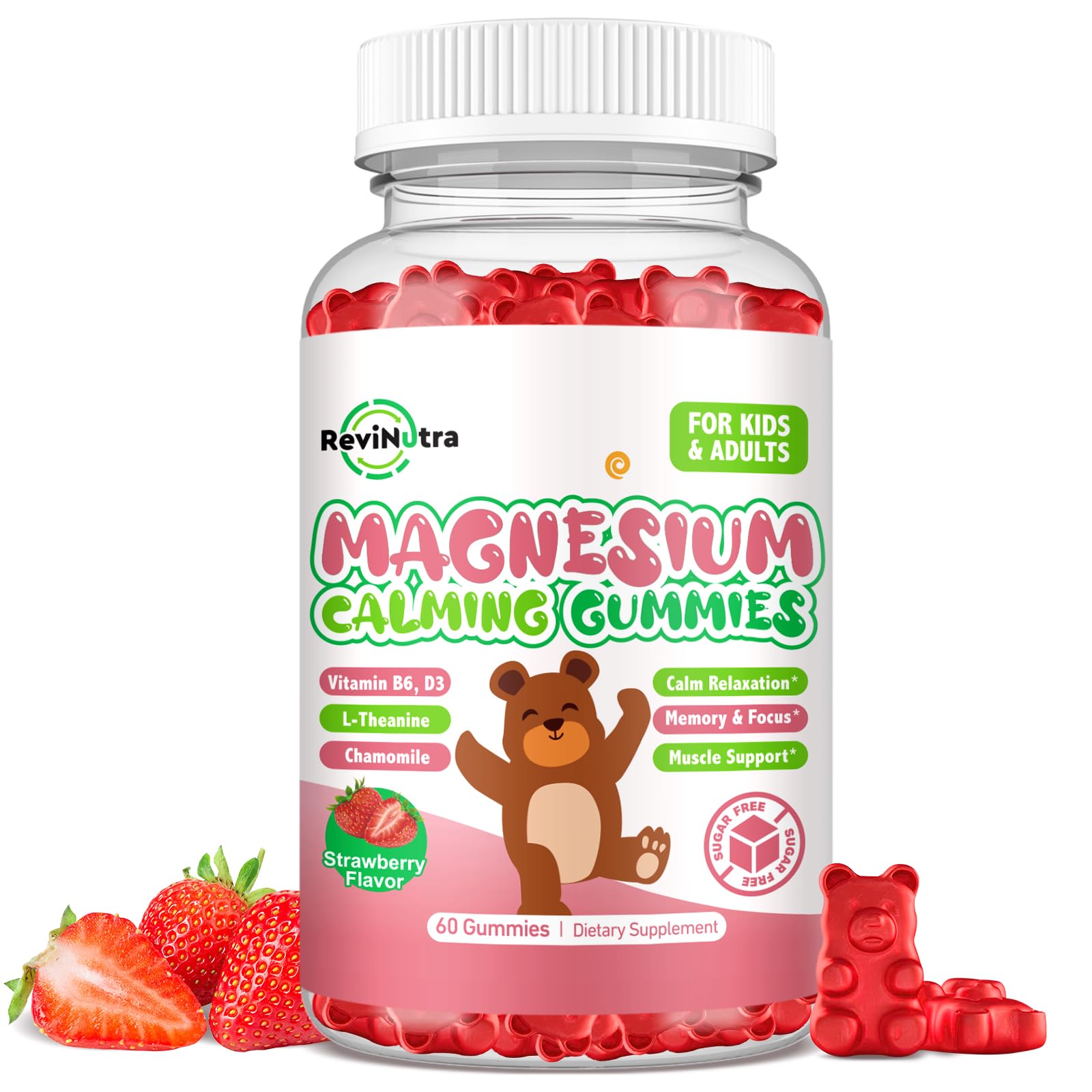 ReviNutra Magnesium Glycinate Gummies for Kids with L-Theanine, Vitamin B6 & D3, Sugar Free Strawberry, 60 Count