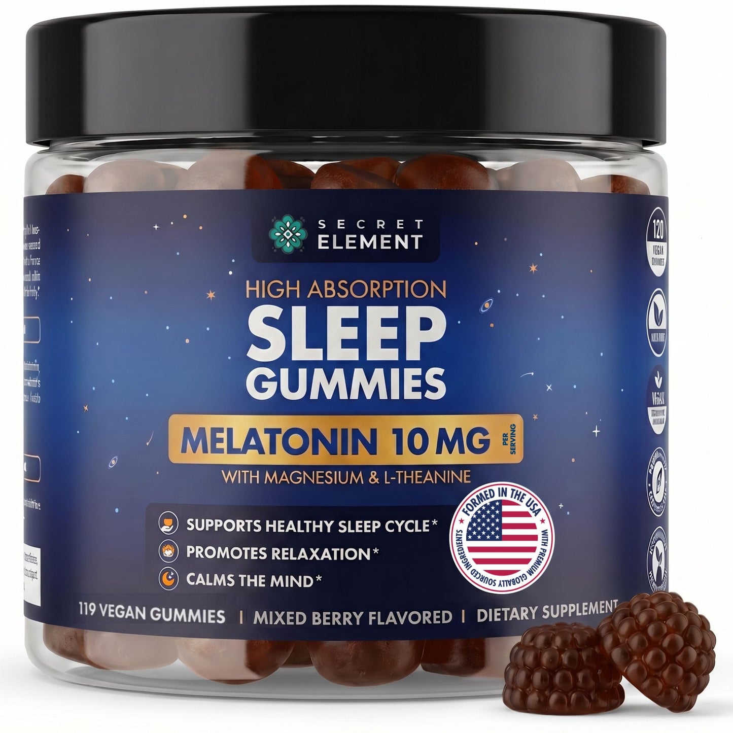Secret Element Mixed Berry Gummies with Melatonin 10mg, Magnesium & L-Theanine – Vegan, Non-GMO, Sugar Free, 118 Count