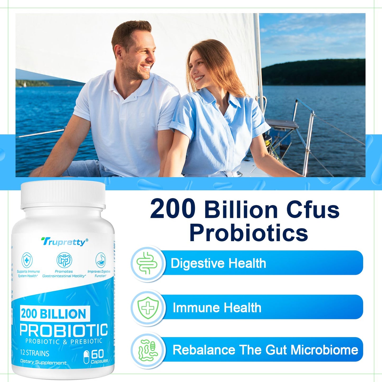 Trupretty 200 Billion CFU Probiotic, 12 Strains with 3 Organic Prebiotics, Capsule, 120 Capsules