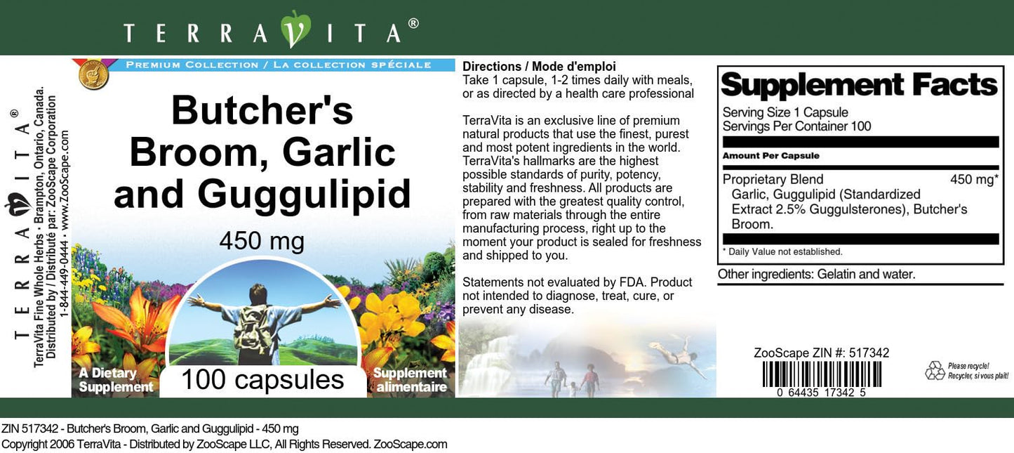 Terravita Butcher's Broom, Garlic and Guggulipid - 450 mg Capsules, 100 Count