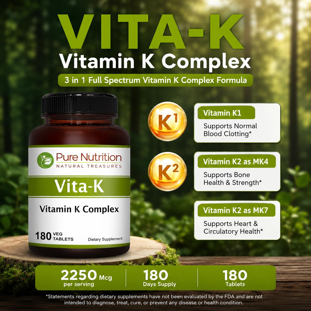 Pure Nutrition Natural Treasures Vitamin K Complex K1 + K2 Tablets, 180 Count