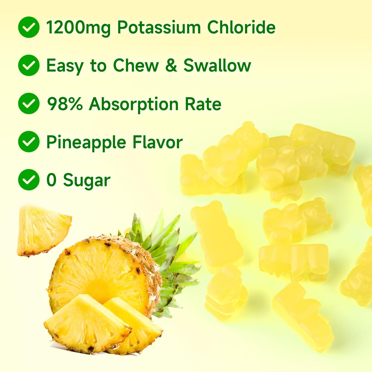 Softbear Potassium Chloride Gummies 1200mg, Sugar-Free Pineapple Flavor, 120 Gummies