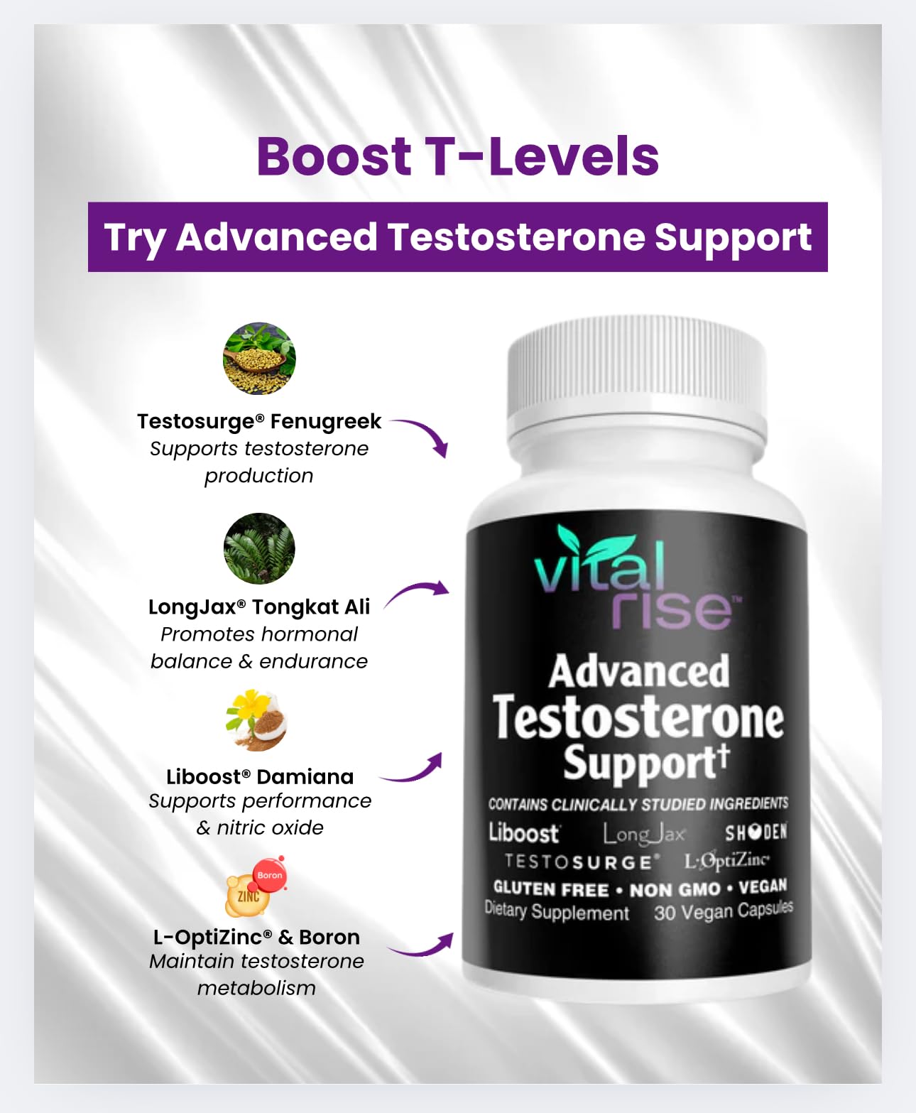 Vital Rise Testosterone Supplement for Men – Advanced Testosterone Booster with Fenugreek & Ashwagandha – Vegan Capsules, 30 Capsules