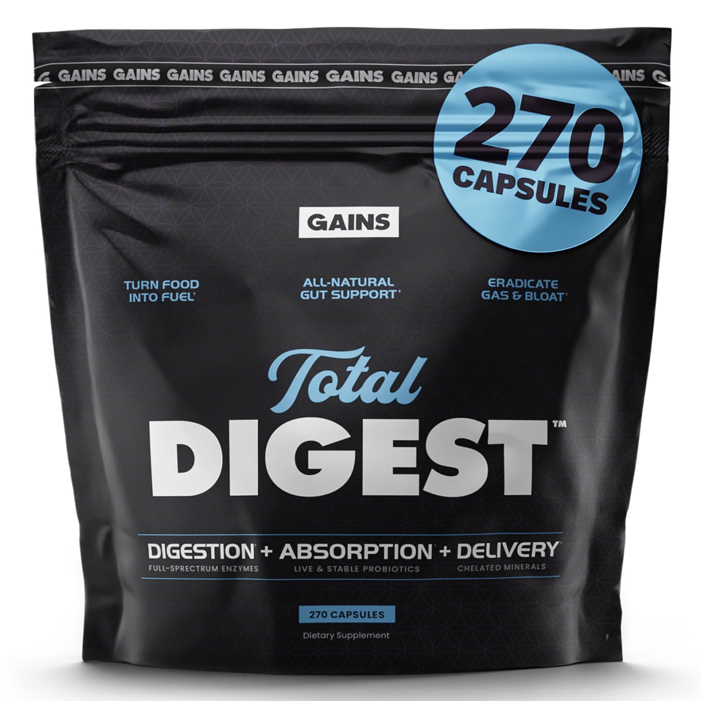 Gains in Bulk Total Digest Digestive Enzymes, Prebiotics and Probiotics for Digestive Health, Bloating Support, Gut Health for Women and Men, Promotes Protein, Carb and Fat Digestion, 270 Capsules