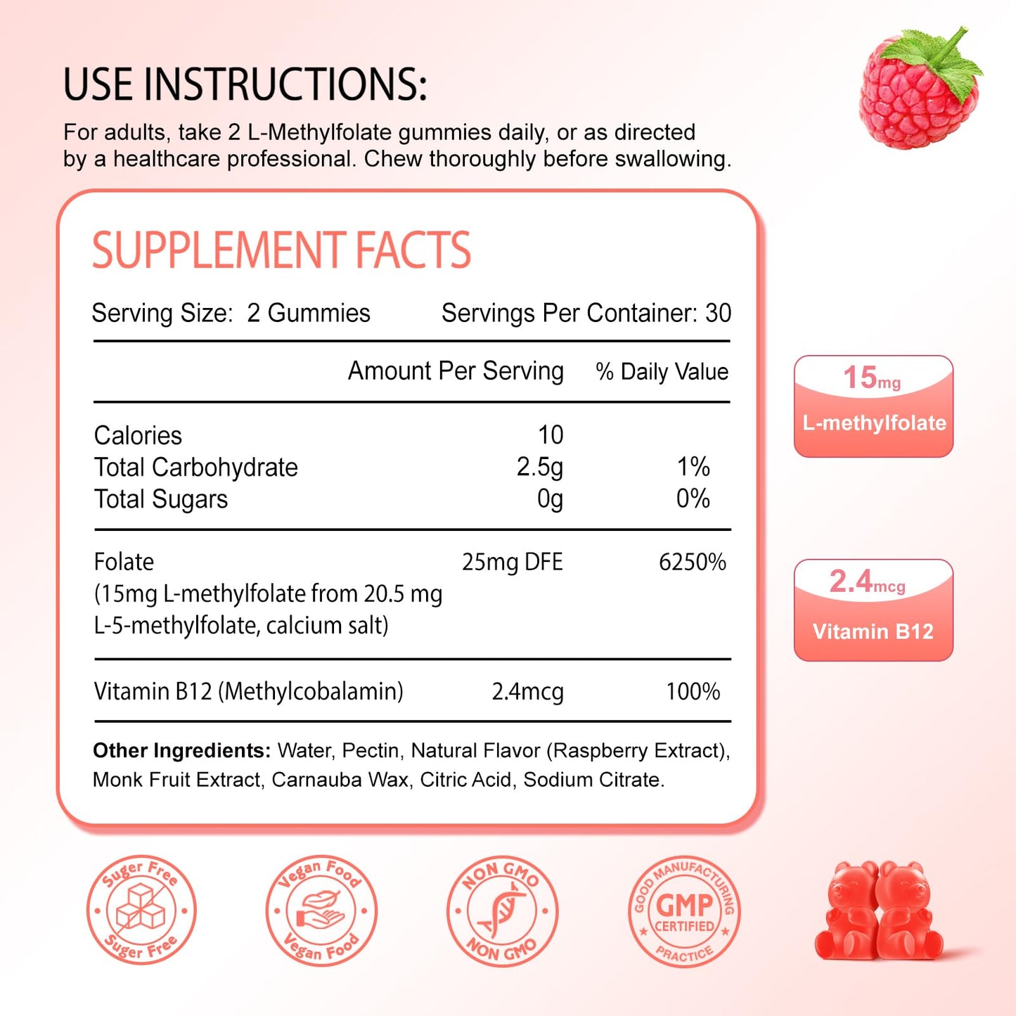 Zetelixia L-Methylfolate 15mg & Methyl B12 Gummies, 60 Count
