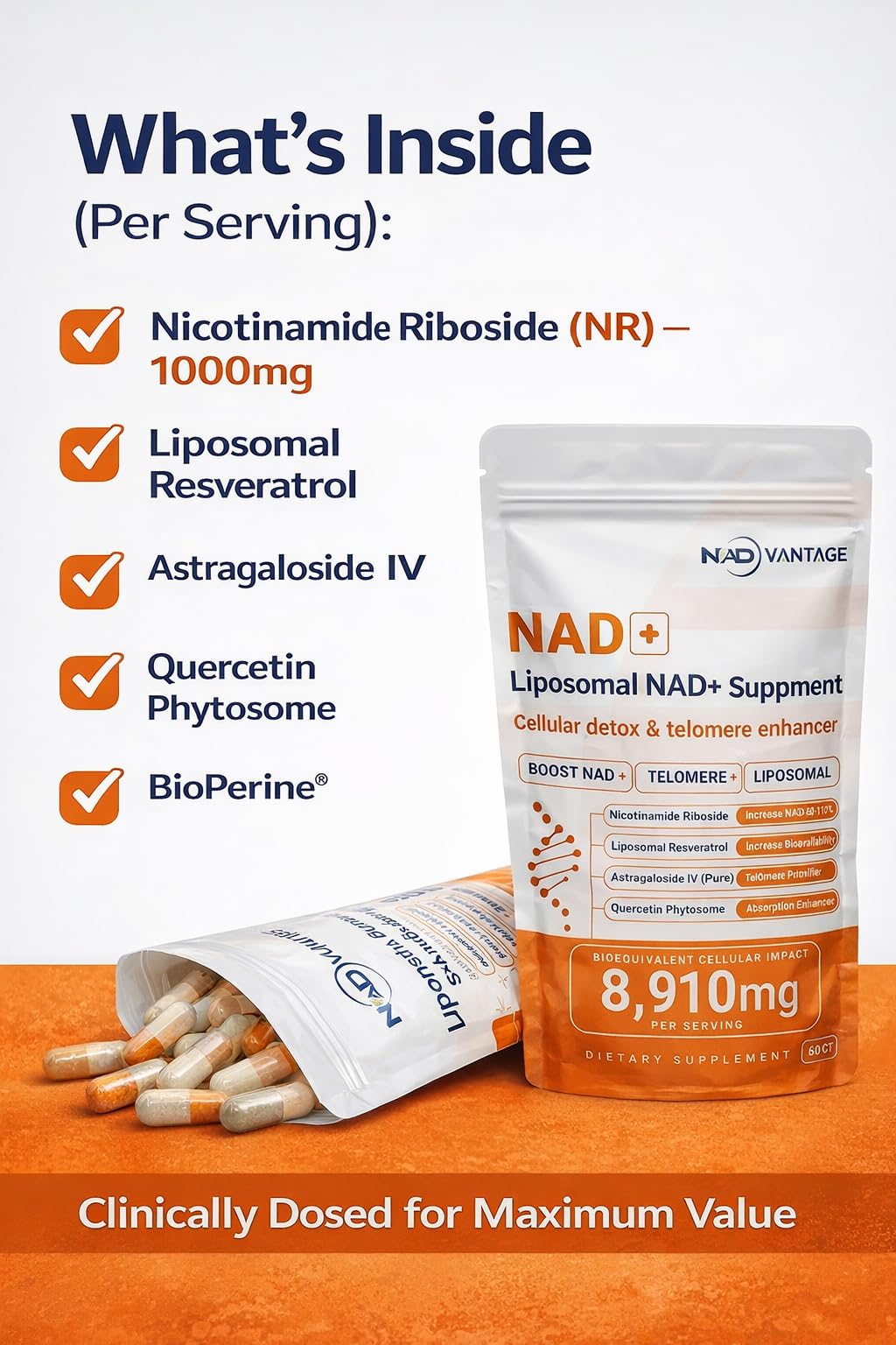 Eternaroot NAD+ 5D Matrix - High Potency NAD Precursor - 1000mg Nicotinamide Riboside (NR) + Liposomal Resveratrol - Clean Vegan Formula - Cellular Energy & Immune Support, 60 Capsules