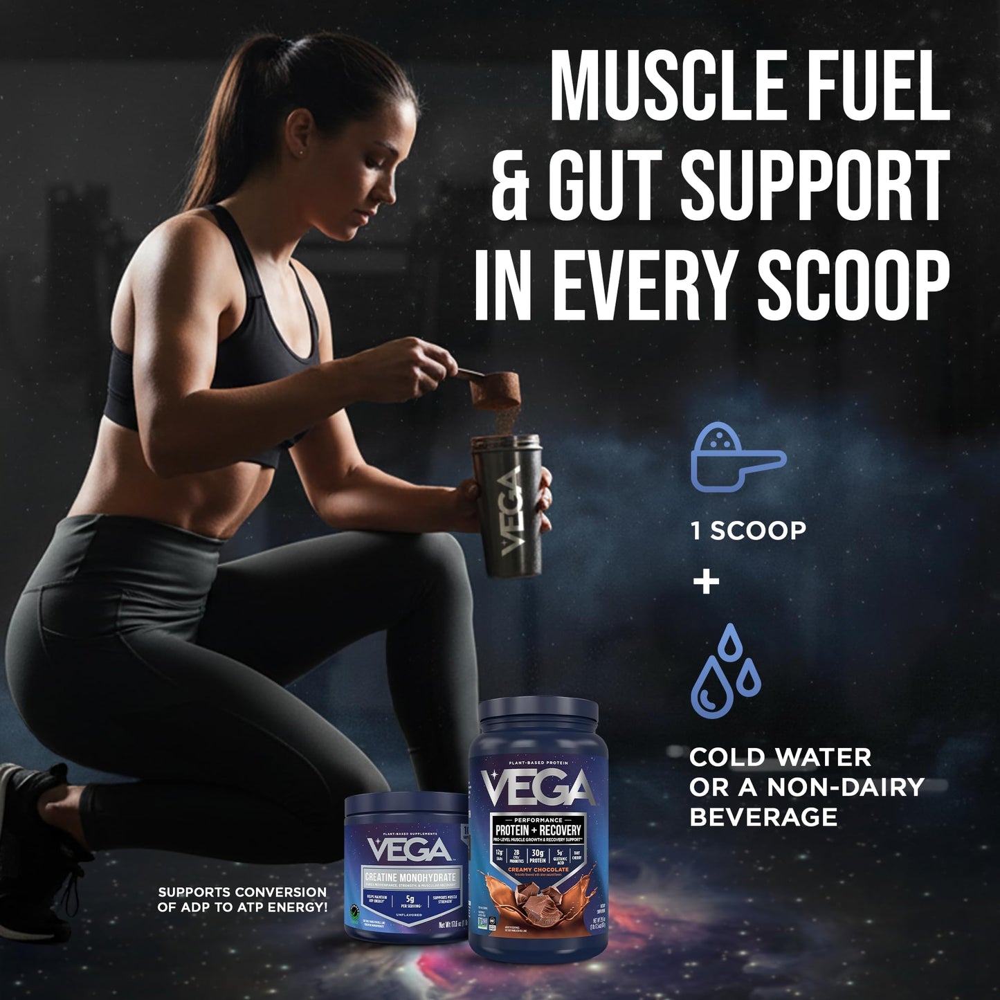 Vega Protein + Recovery Chocolate & Creatine Monohydrate Powder Bundle, Protein Powder 1.8 lb (19 Servings) + Creatine Monohydrate Powder 17.6 oz (100 Servings)