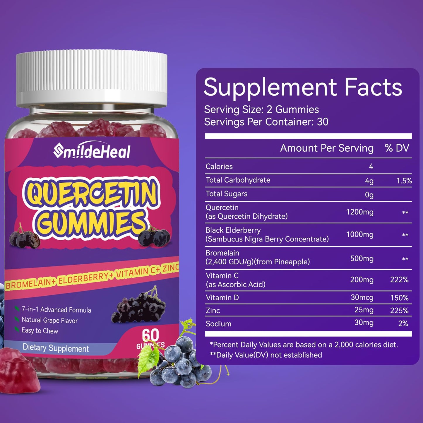 SmildeHeal Quercetin Gummies with Bromelain, Zinc & Vitamin C, Immune Support, 120 Gummies