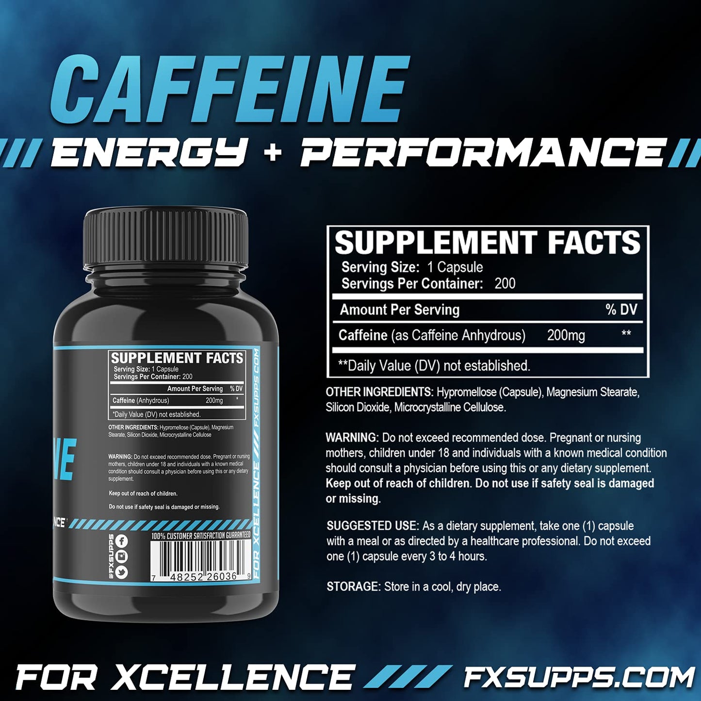 FXSUPPS Caffeine 200 mg Capsule, 400 Capsules