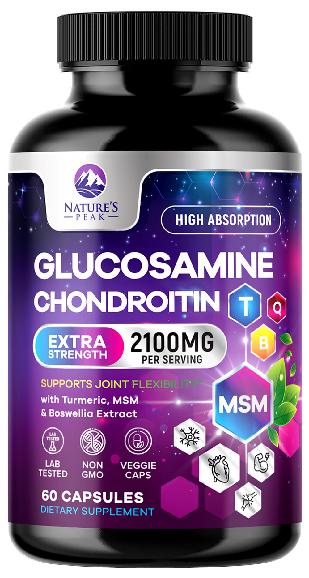 Nature's Peak Glucosamine Chondroitin, MSM & Turmeric - Extra Strength Joint Support Supplement with 1500mg Glucosamine Sulfate per Serving - for Cartilage, Joint Health & Flexibility, 60 Capsules