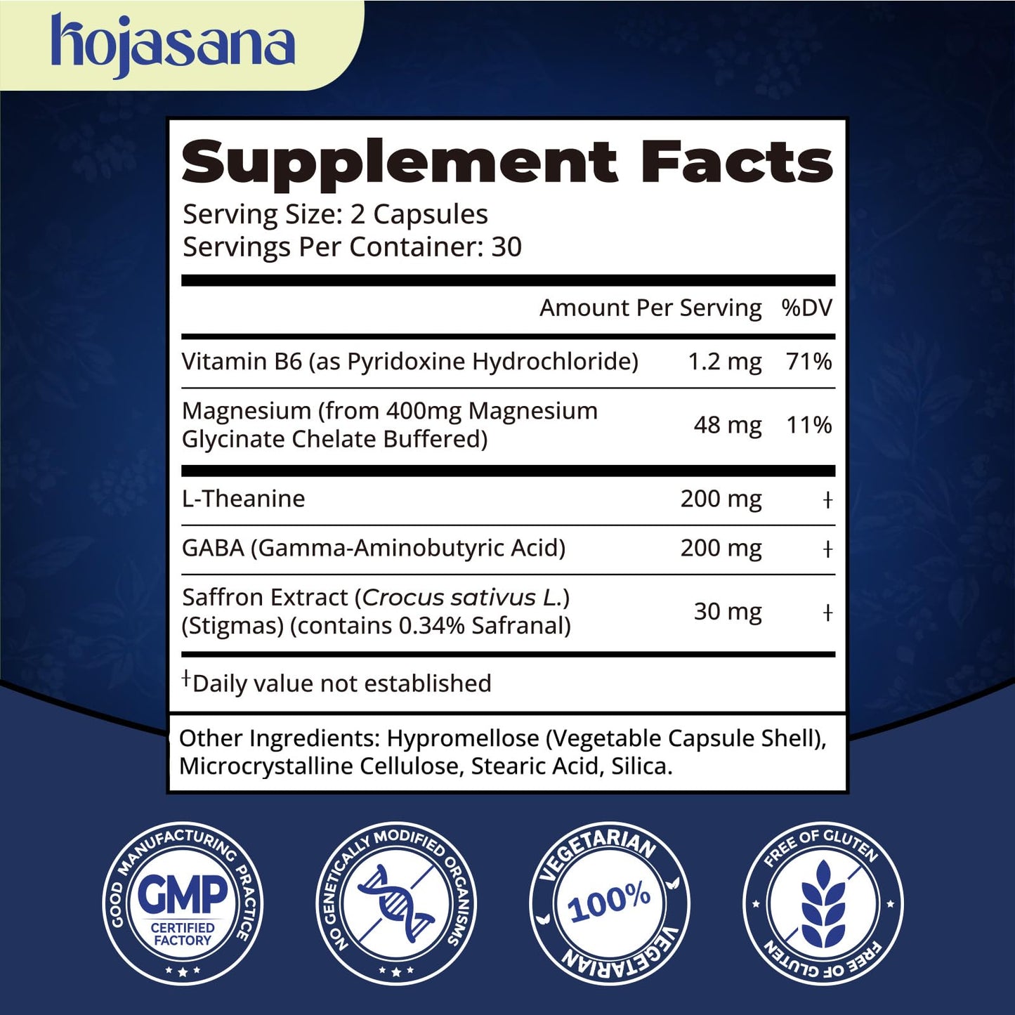 HojaSana L-Theanine 200mg with Saffron, GABA, Magnesium Glycinate & VIT.B6 Capsule 60 Count