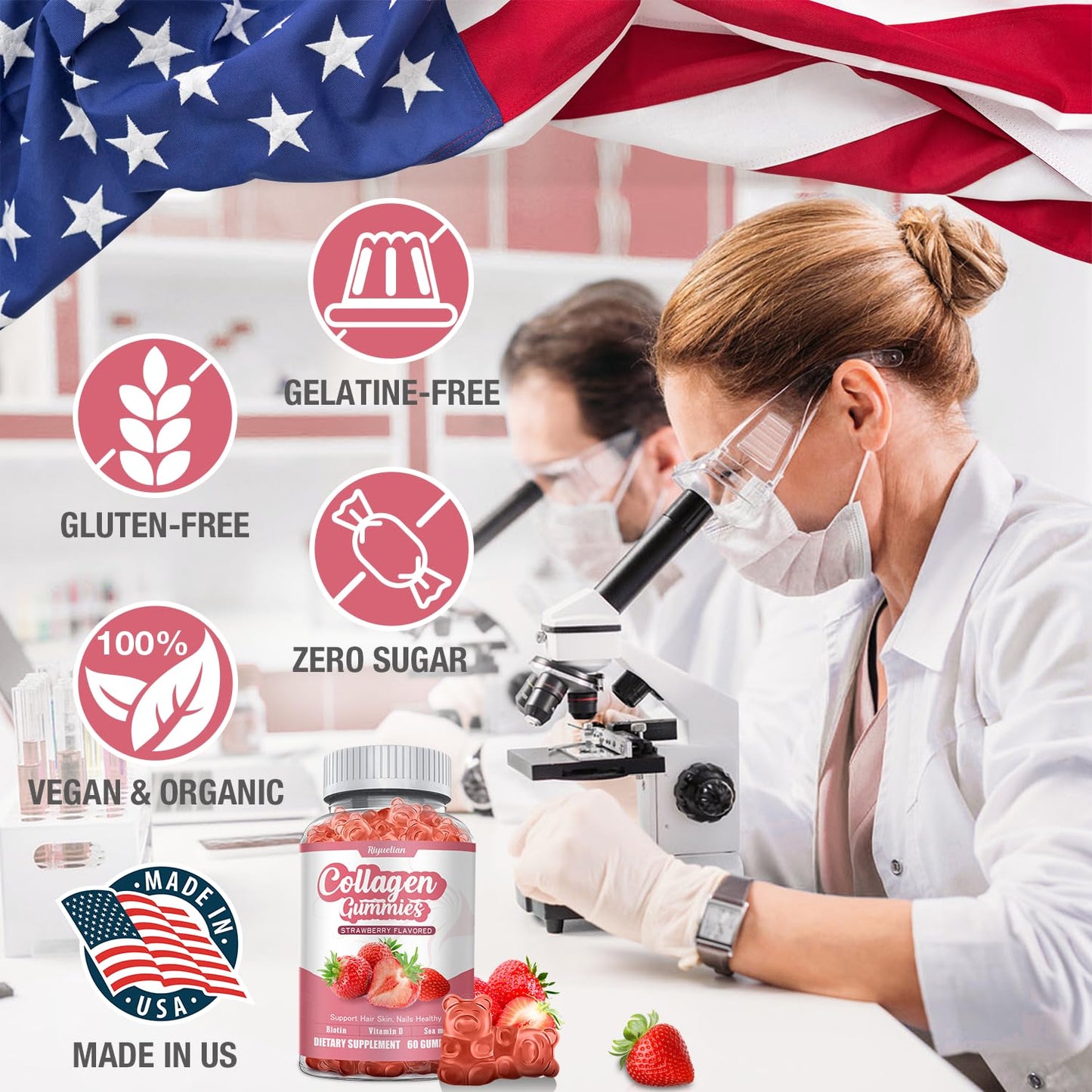 Riyuetian Gummy Collagen with Biotin - Hydrolyzed Collagen Peptides for Healthy Skin, Nails & Hair, Gluten Free & Non-GMO, 120 Gummies