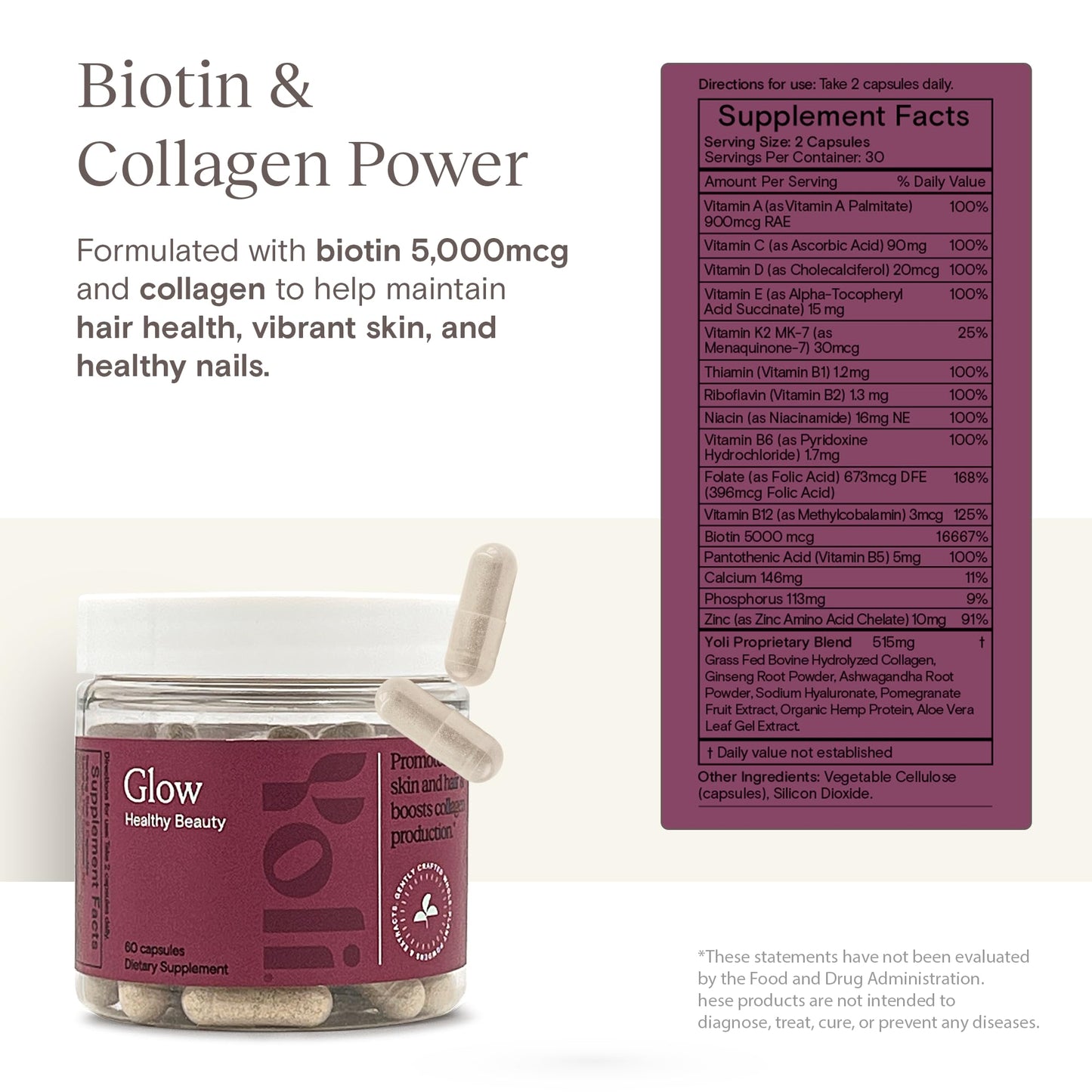 Yoli Glow Biotin and Collagen Daily Multivitamin Hair Skin Nails Capsule, 60 Count