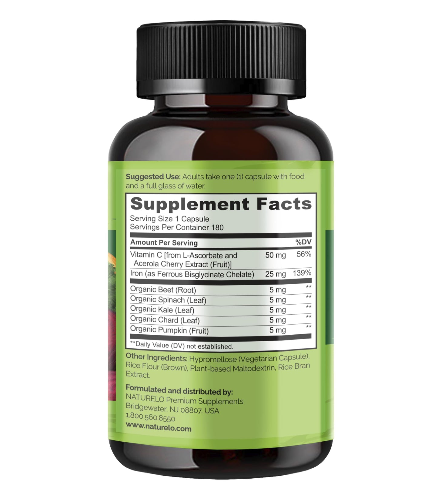 NATURELO Vegan Iron Supplement with Vitamin C and Organic Whole Foods - Capsules, 180 Count