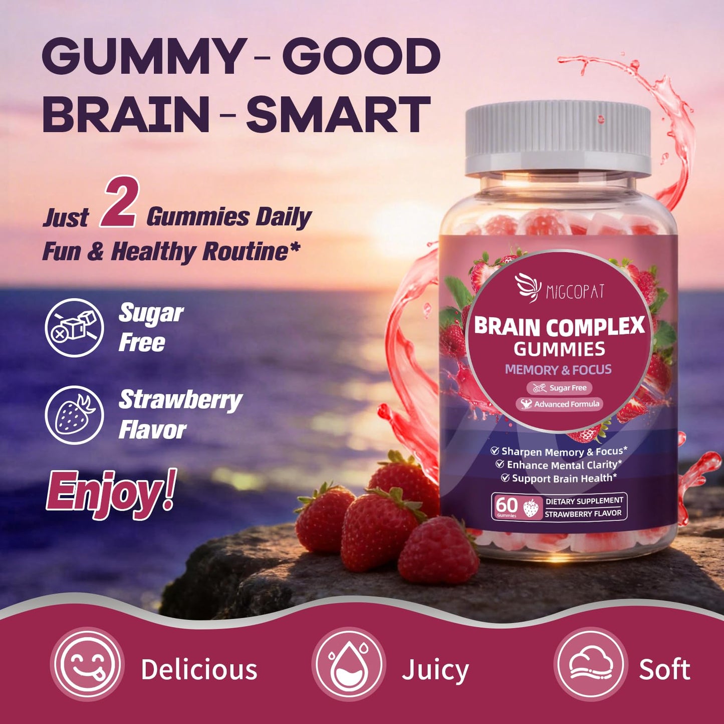 Migcopat Brain Supplements for Memory & Focus – Nootropic Gummies, 60 Count