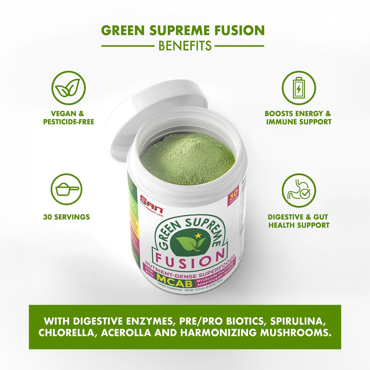 SAN Green Supreme Fusion Blend Antioxidant Super Greens Smoothie Mix with Spirulina, Chlorella, Adaptogenic Mushrooms Powder 11.2 oz