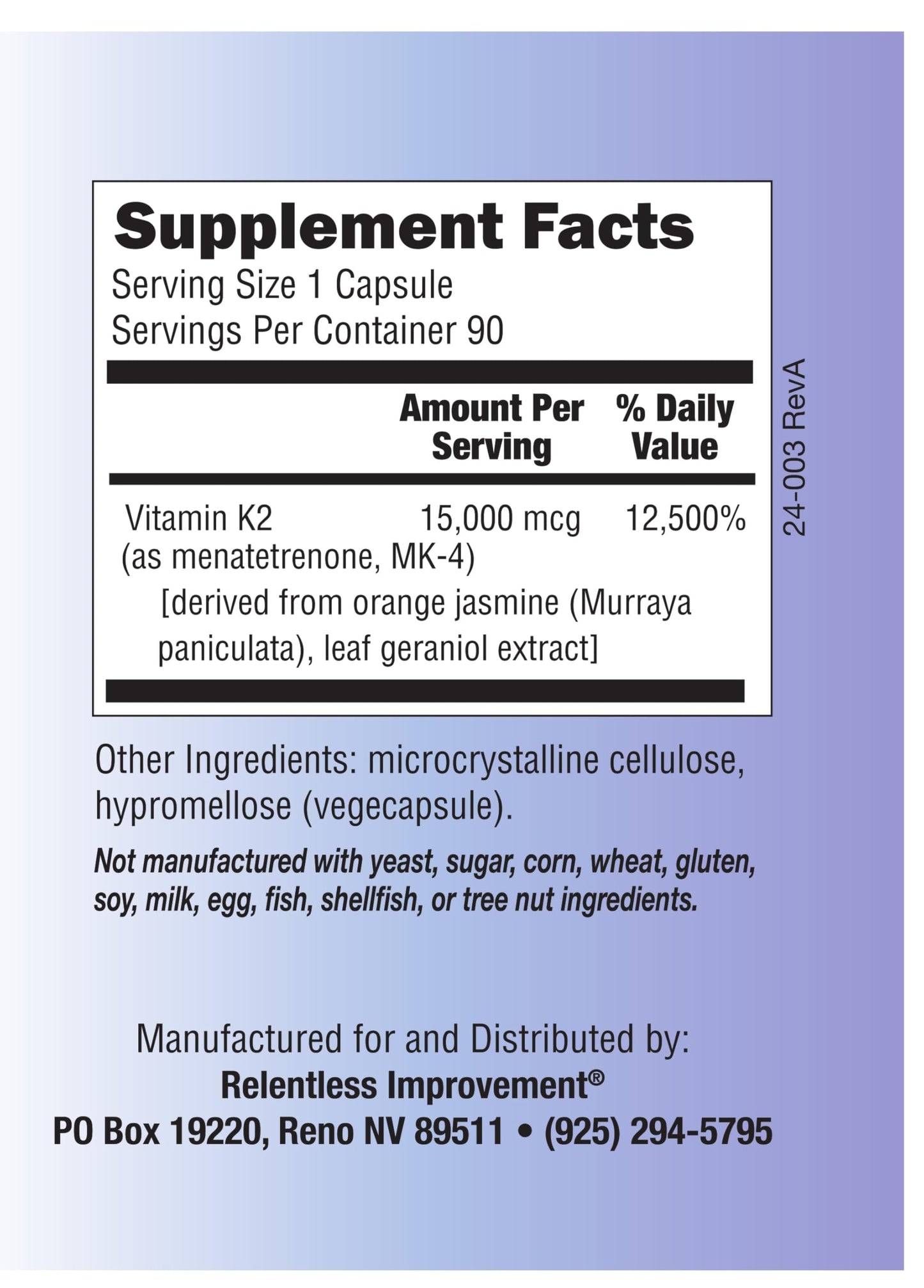 Relentless Improvement Natural Vitamin K2 MK4 High-Potency 15,000mcg Vegi-Capsules, 90 Capsules