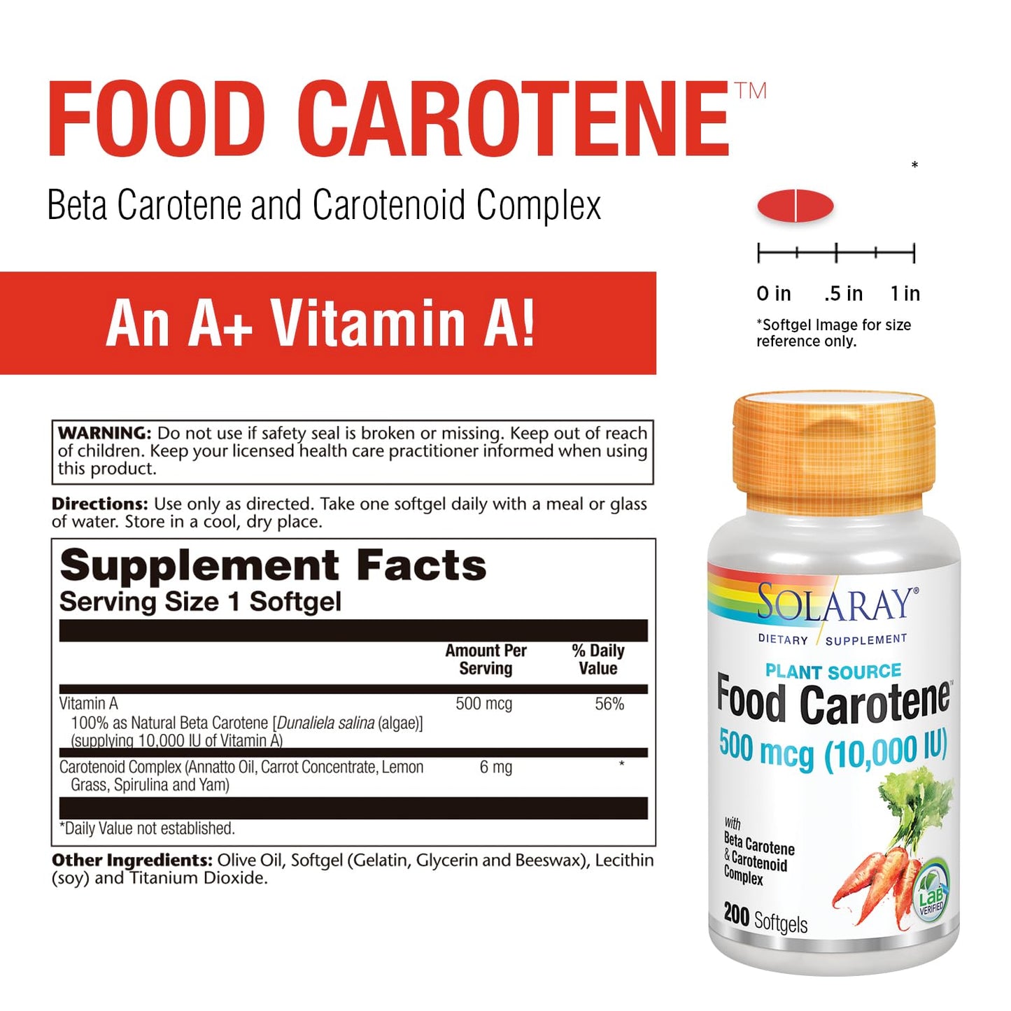 SOLARAY Food Carotene Vitamin A 10000 IU Softgels, 100 Count