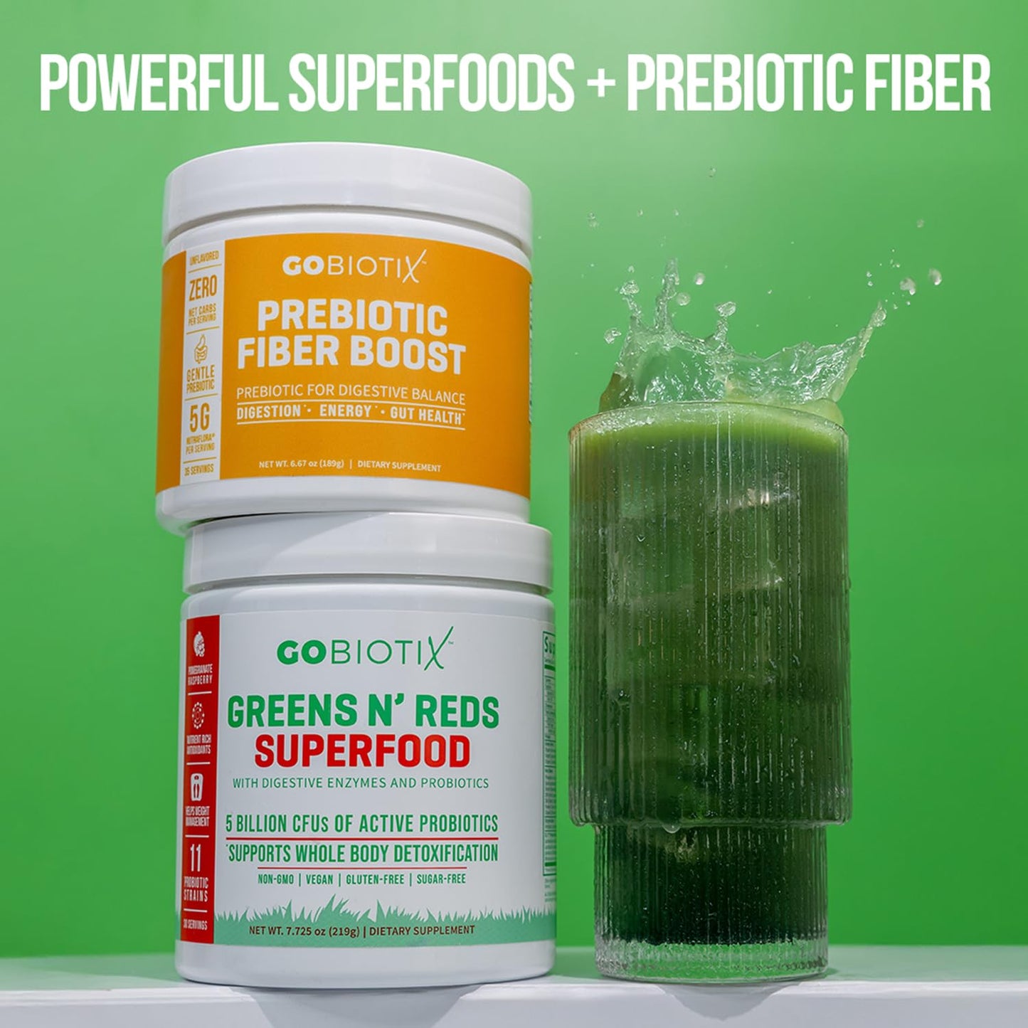 GOBIOTIX Bundle Prebiotic Fiber Supplement + Super Greens Powder + Super Reds Powder, 2-Pack