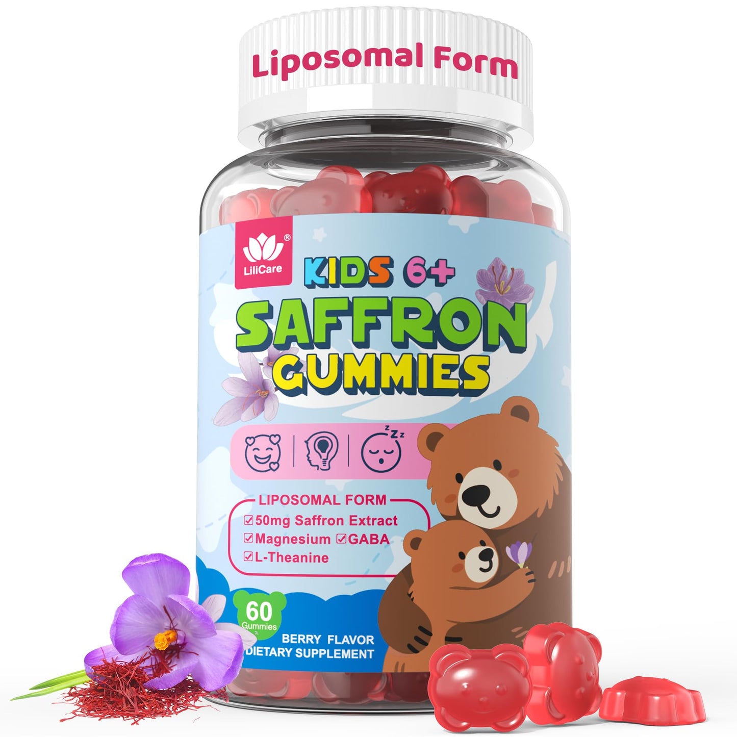 LILICARE Saffron Gummies with L-Theanine, GABA & Magnesium Glycinate for Mood Support, Sugar Free, 60 Gummies