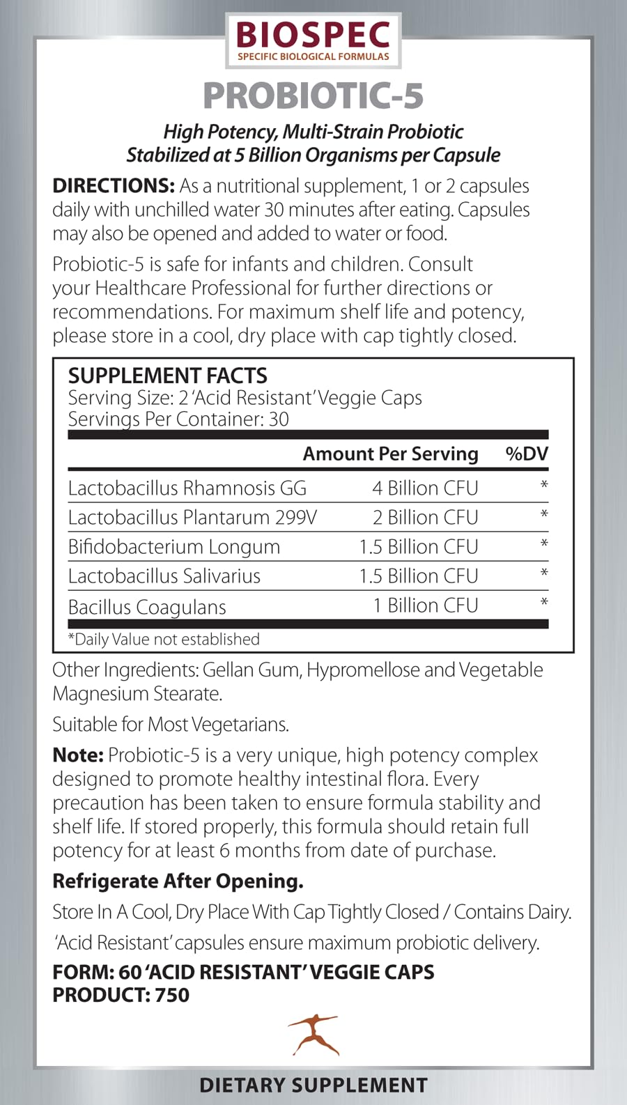 BIOSPEC NUTRITIONALS Probiotic-5 – Broad-Spectrum Probiotic Complex w/ 5 Billion Microorganisms and 5 Unique Strains 60 Capsules