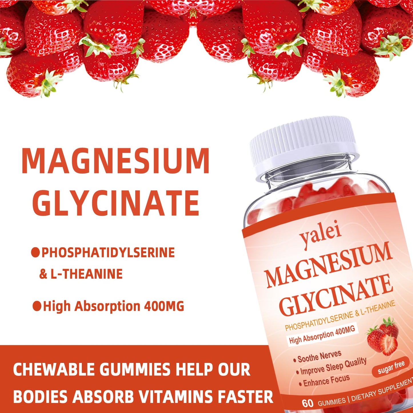 Yalei Magnesium Glycinate Gummies 400mg with L-Theanine, Phosphatidylserine – Sleep, Stress & Muscle Relief for Adults & Kids, Non-GMO, Vegan, Sugar Free, 60 Gummies