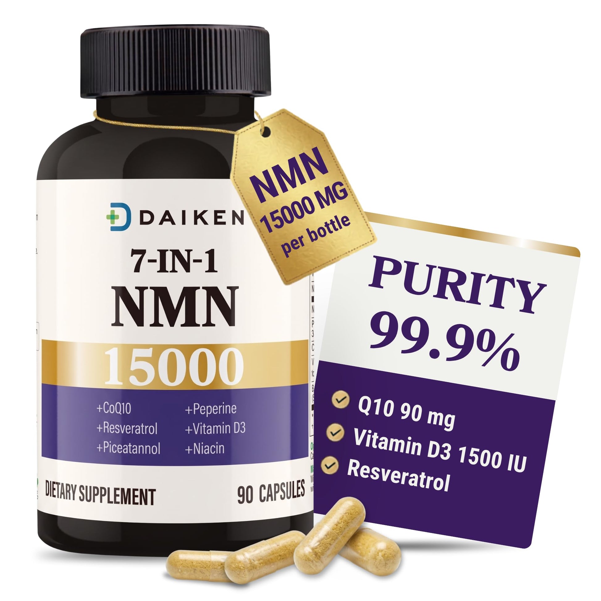 DAIKEN NMN Supplement 15000 Complex with CoQ10, D3 & Resveratrol, 90 Capsules