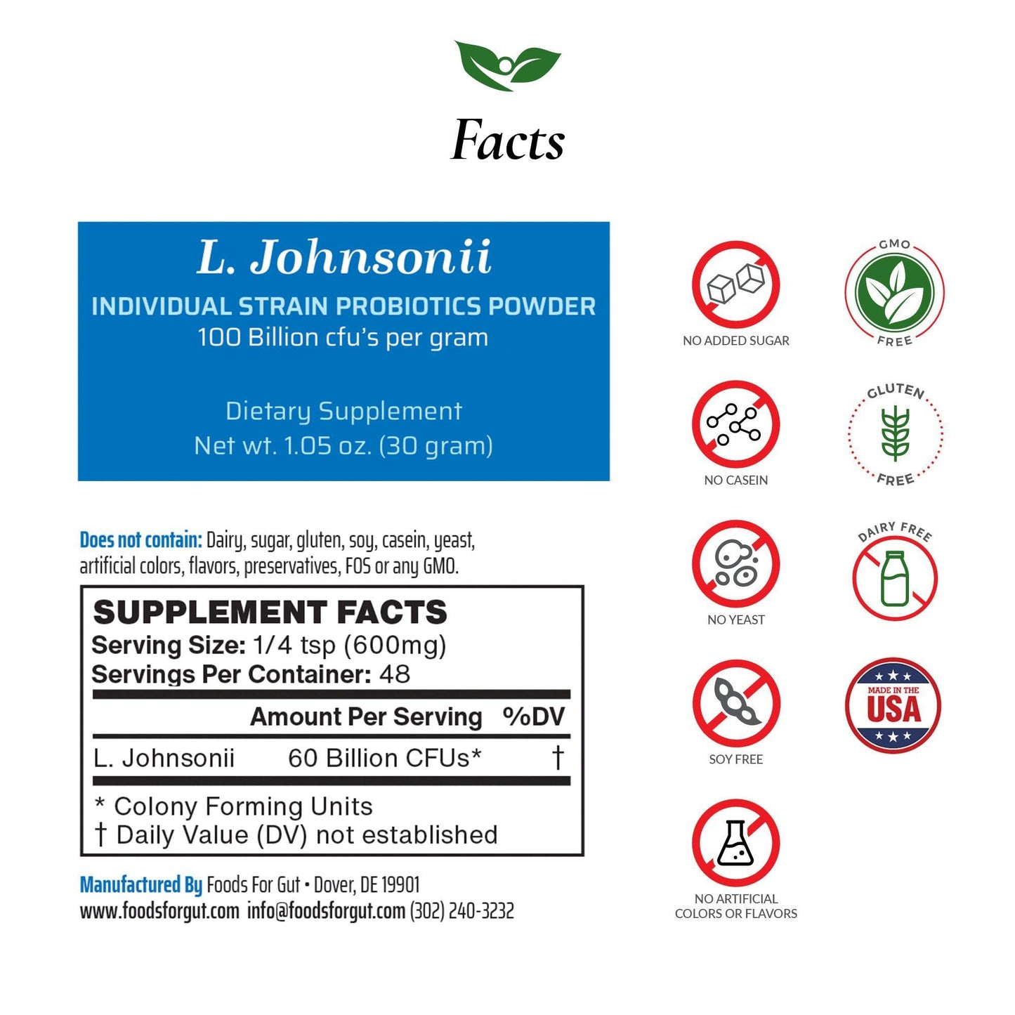 Foods For Gut Lactobacillus Johnsonii Probiotic Powder 1.05 oz