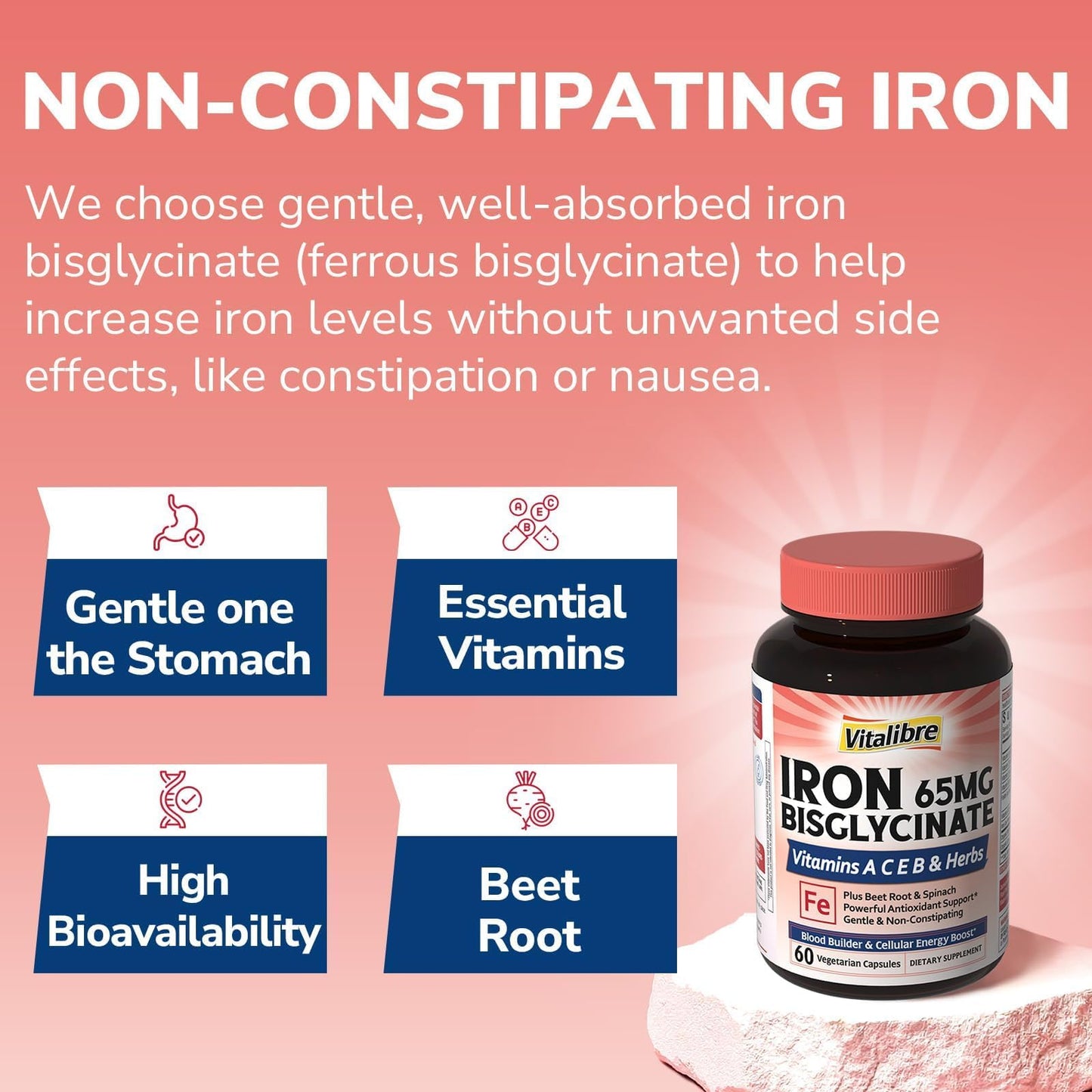 Vitalibre Iron Bisglycinate Tablet, 65mg Elemental Iron, 60 Tablets