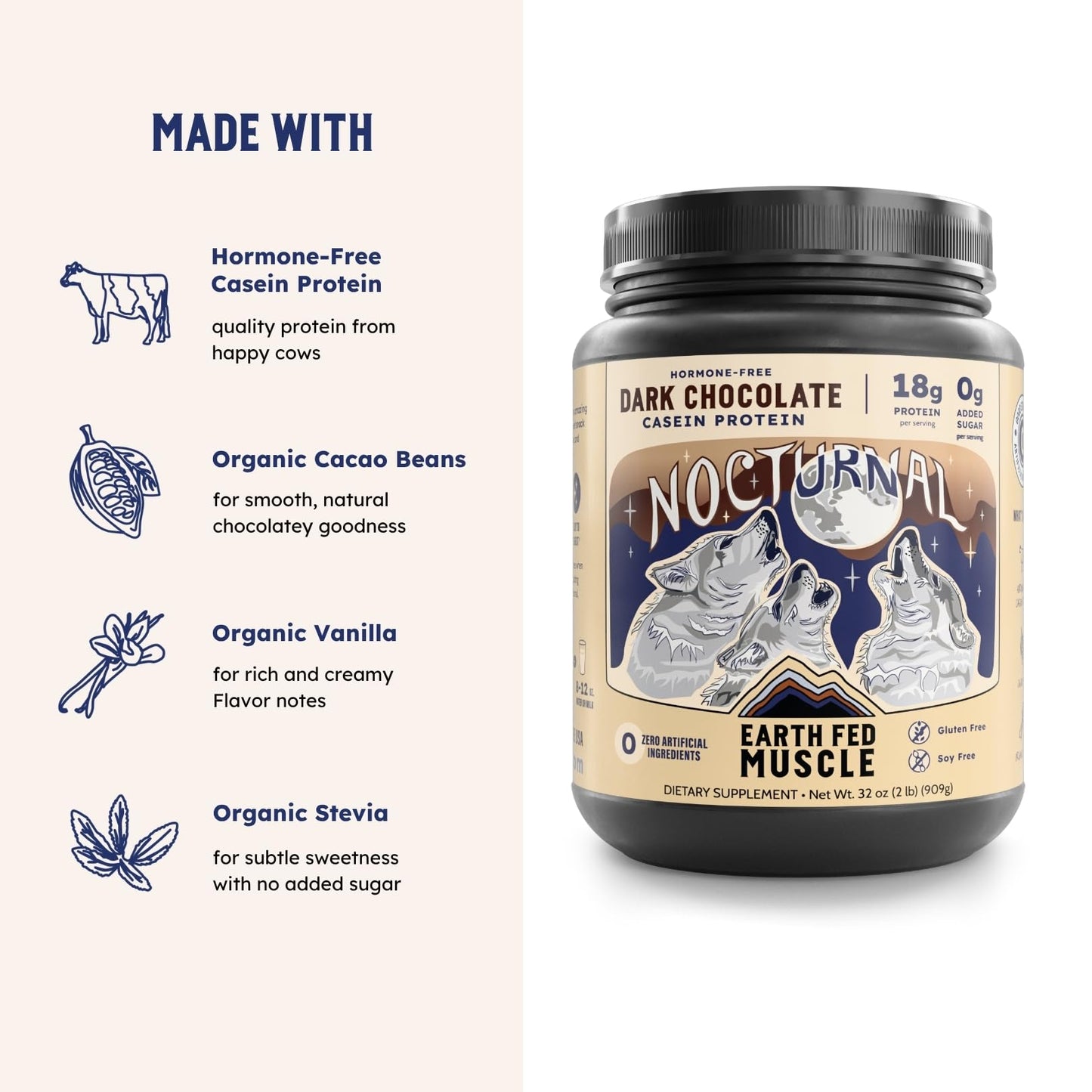 Earth Fed Muscle Nocturnal Casein Protein Powder with Whey Blend, Dark Chocolate, 32 Servings, 2 lb