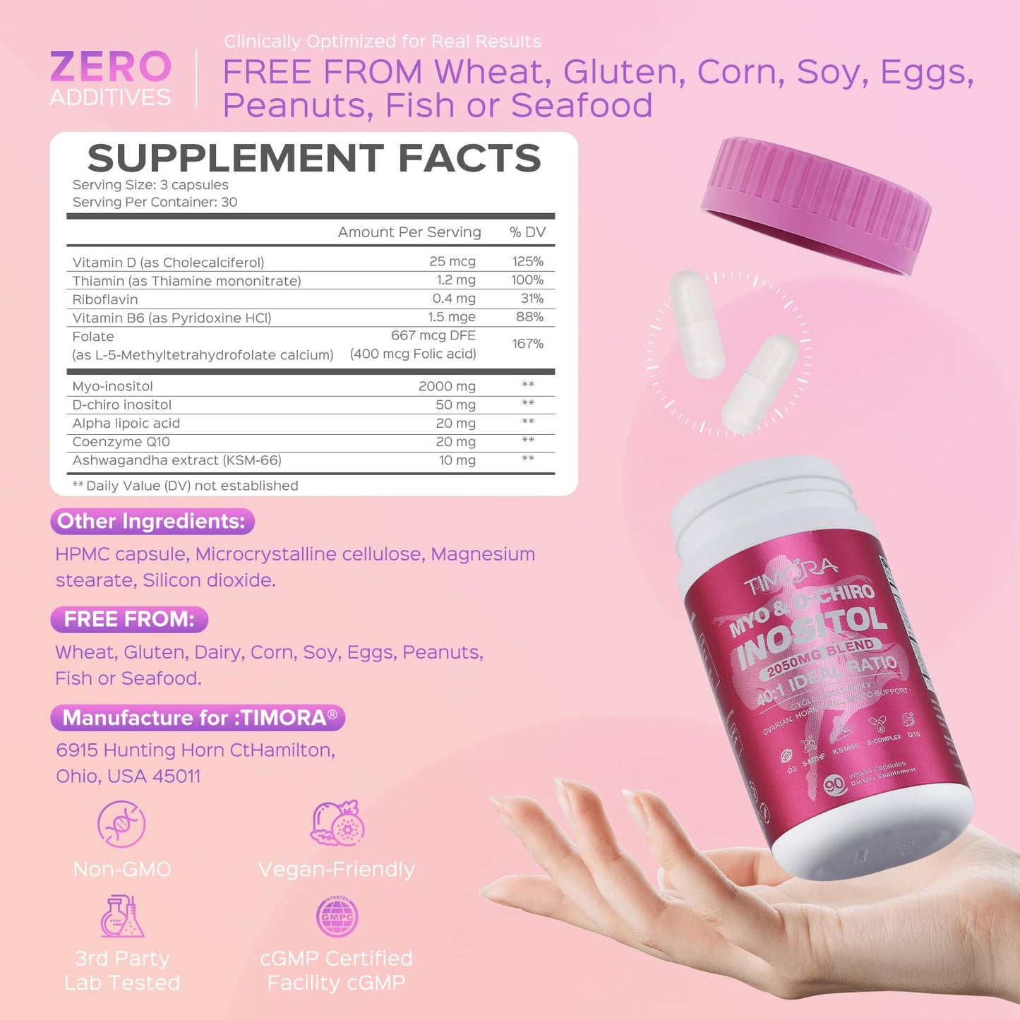 TIMORA Myo & D-Chiro Inositol Supplement 40:1 Ratio for Women - 10-in-1 Formula with Folate, Vitamin D3 & Ashwagandha Capsule, 90 Count