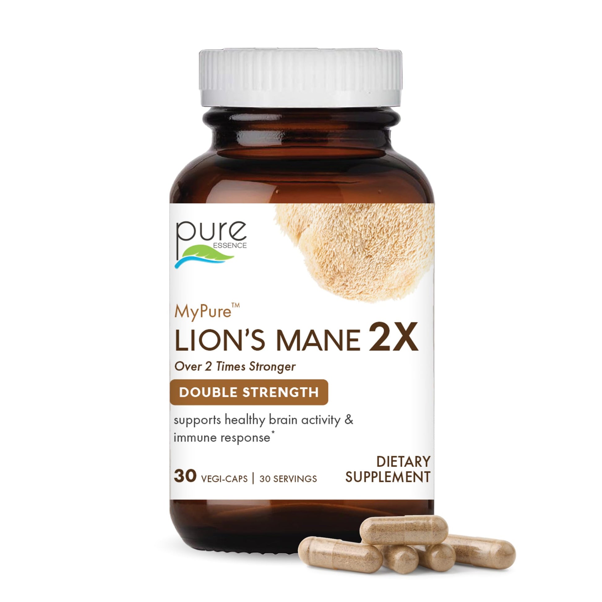 PURE ESSENCE LABS MyPure Lion's Mane 2X - Double Strength Brain Support Supplement Capsules, 30