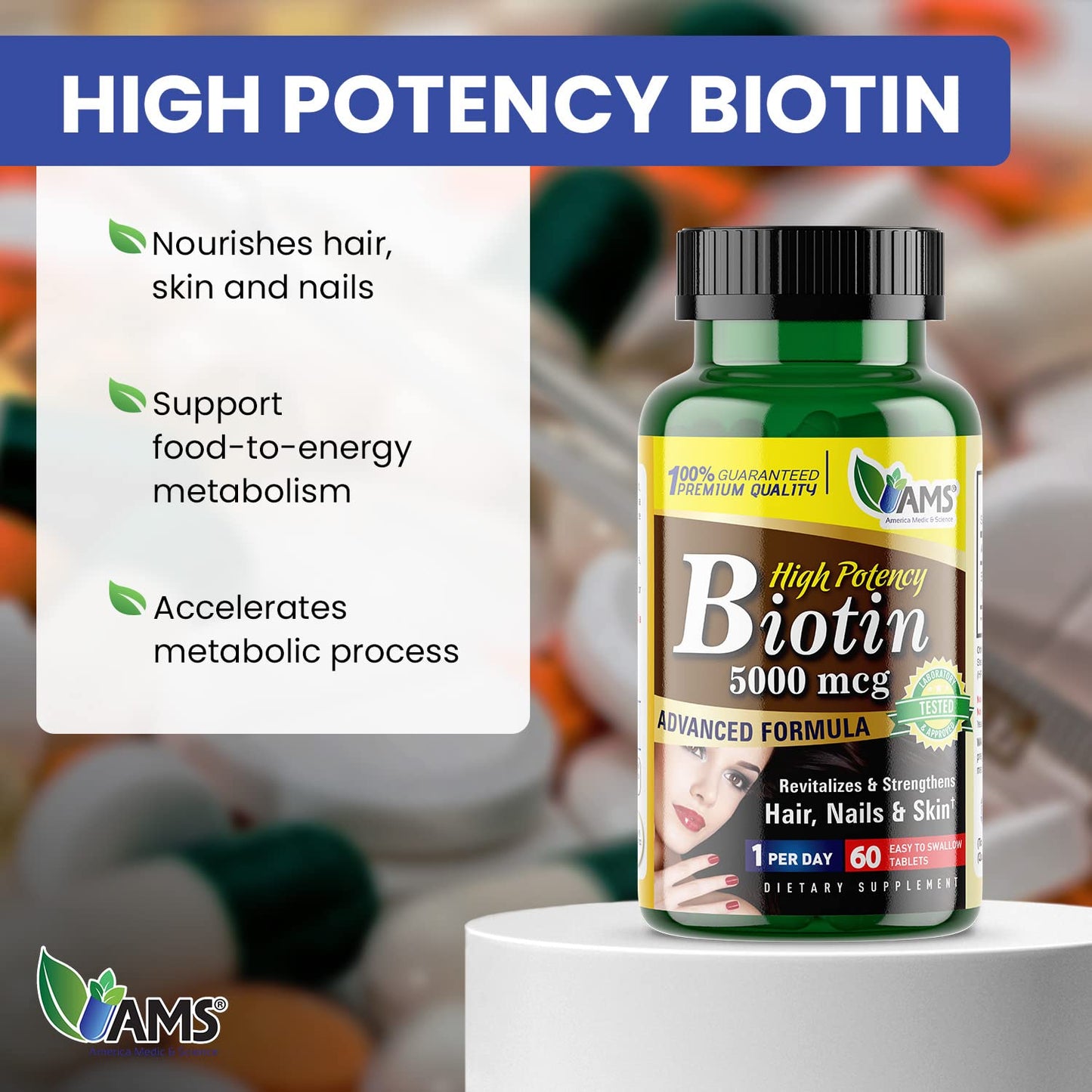 America Medic & Science High Potency Biotin 5000 mcg Tablets, 60 Count
