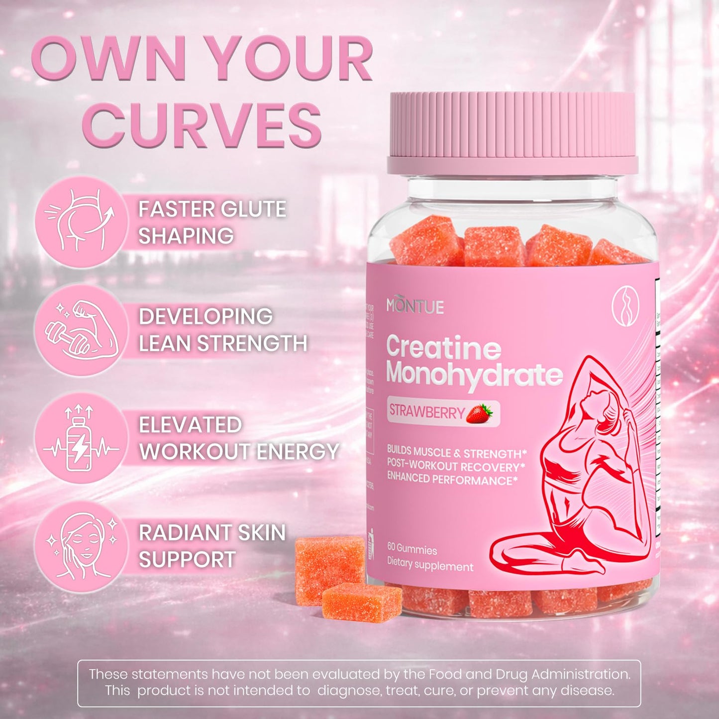 Montue Creatine Gummies for Women, Strawberry Flavor, with BCAA, NSF-Certified, Vegan, 60 Count