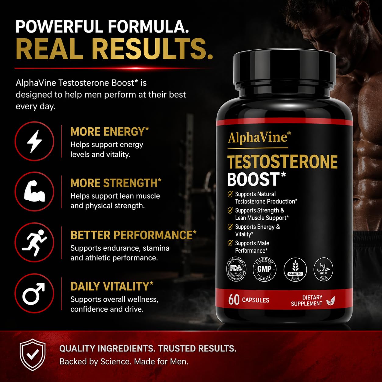 ALPHAVINE Testosterone Booster for Men, Horny Goat Weed, Tongkat Ali and Saw Palmetto, 60 Capsules