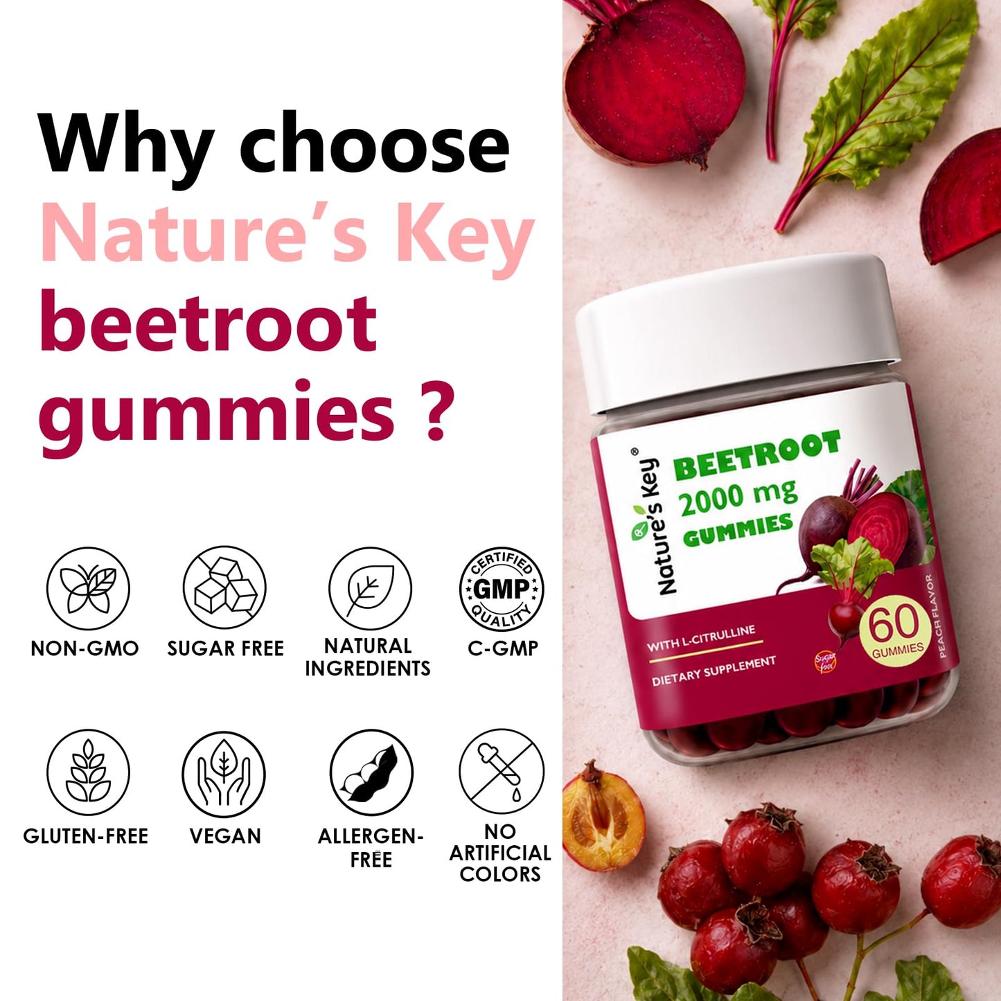 Nature's Key Beet Root Gummies No Sugar, 60 Count