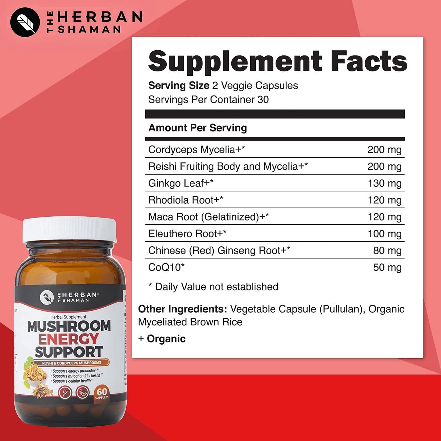 The Herban Shaman Mushroom Supplement Energy Support Capsules, 60 Capsules